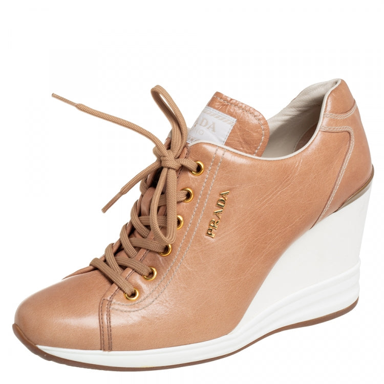 PRADA WEDGE HEEL CALFSKIN LEATHER SNEAKERS