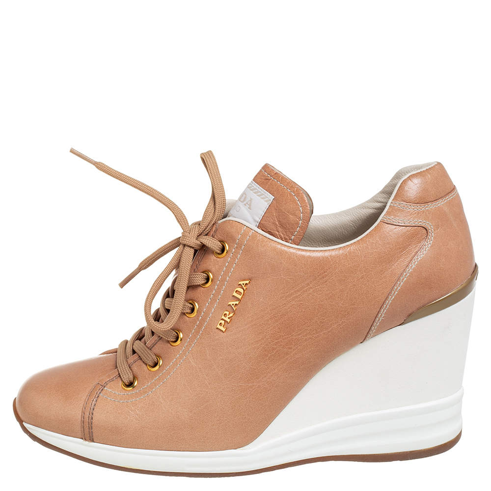 PRADA WEDGE HEEL CALFSKIN LEATHER SNEAKERS