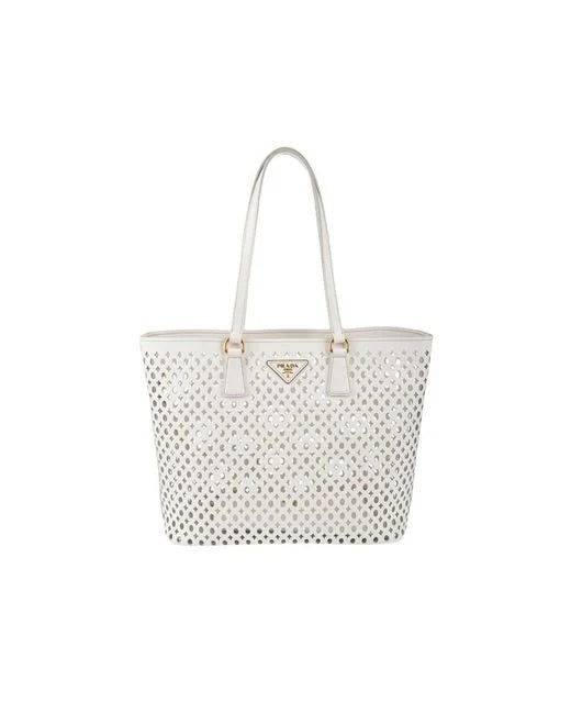 PRADA PERFORATED OFF WHITE LEATHER TOTE WITH POUCH