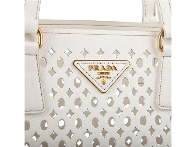PRADA PERFORATED OFF WHITE LEATHER TOTE WITH POUCH