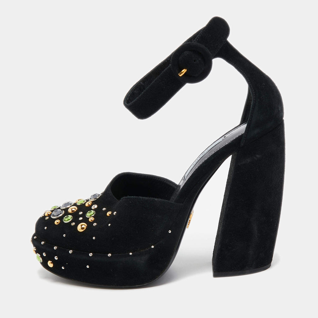 PRADA SUEDE CRYSTAL EMBELLISHED D'ORSAY PUMP HEELS
