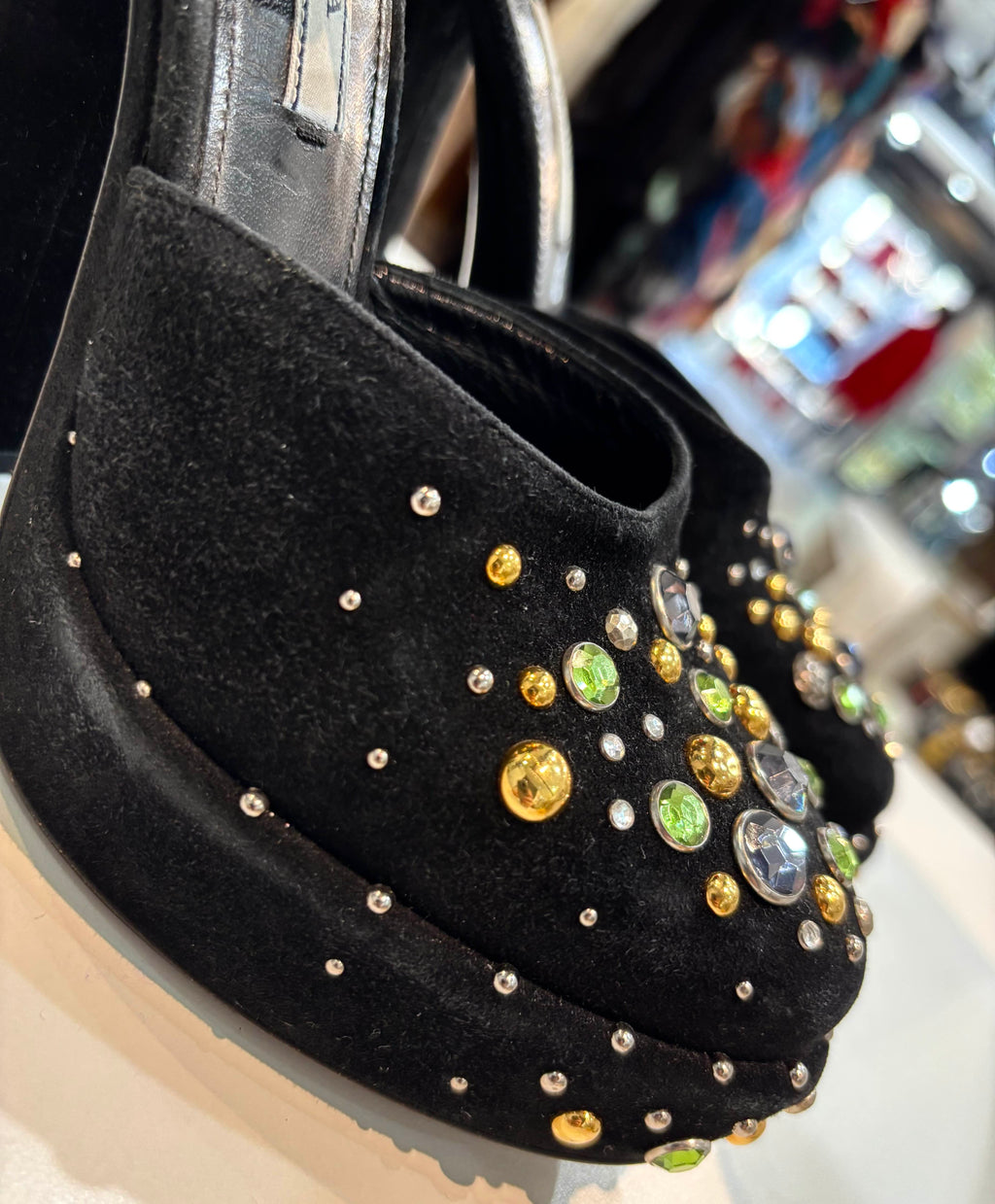 PRADA SUEDE CRYSTAL EMBELLISHED D'ORSAY PUMP HEELS