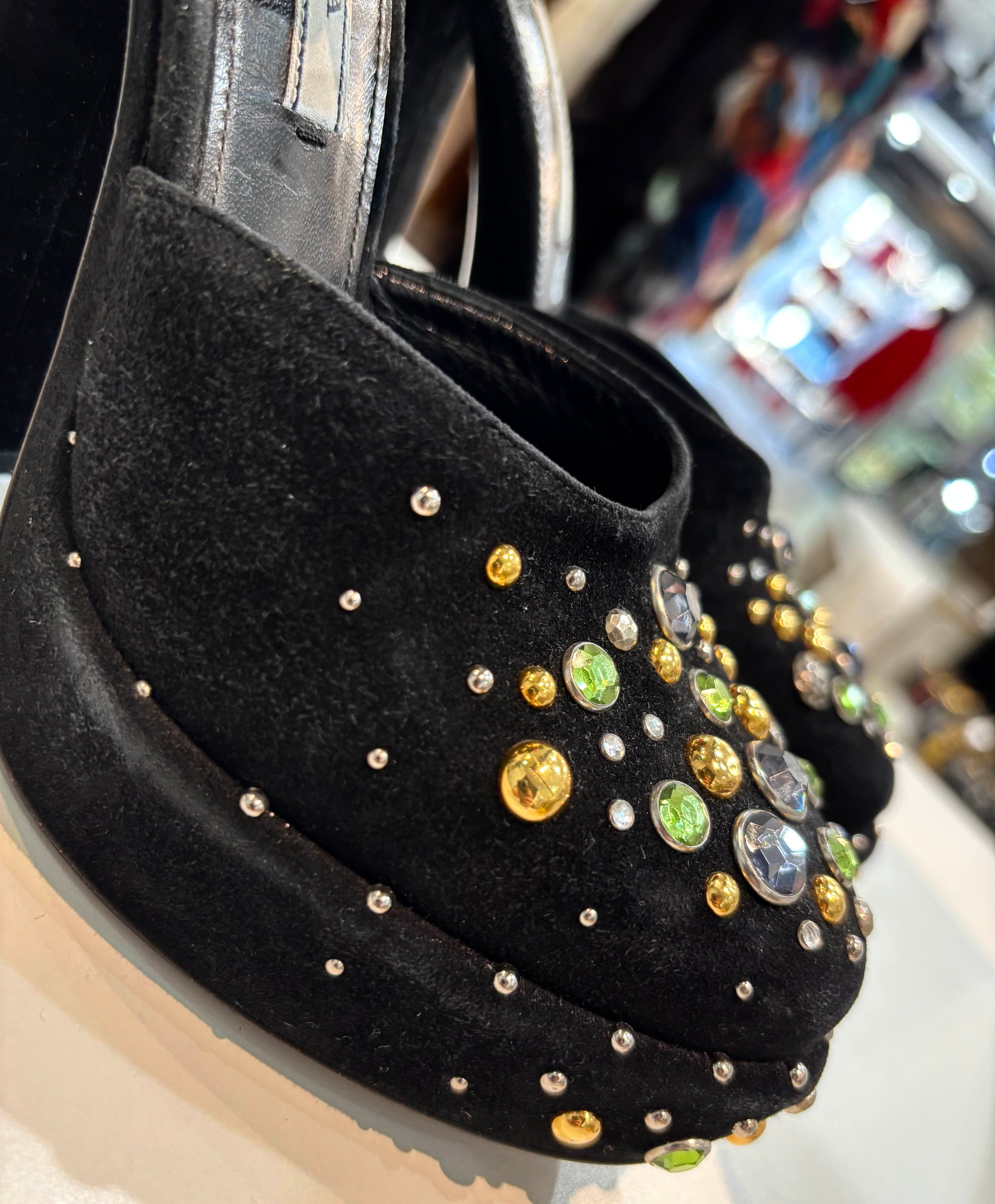 PRADA SUEDE CRYSTAL EMBELLISHED D'ORSAY PUMP HEELS