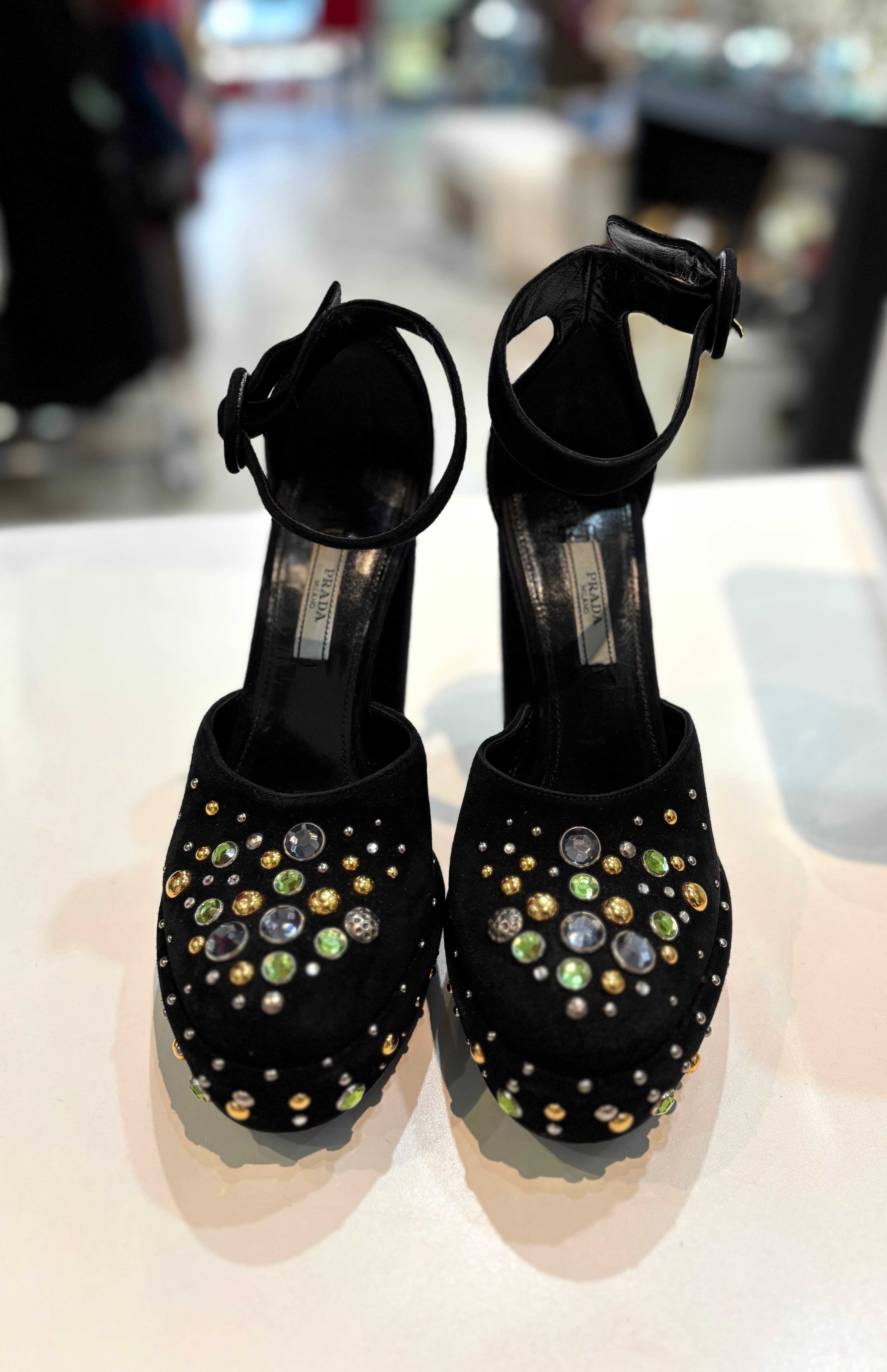 PRADA SUEDE CRYSTAL EMBELLISHED D'ORSAY PUMP HEELS