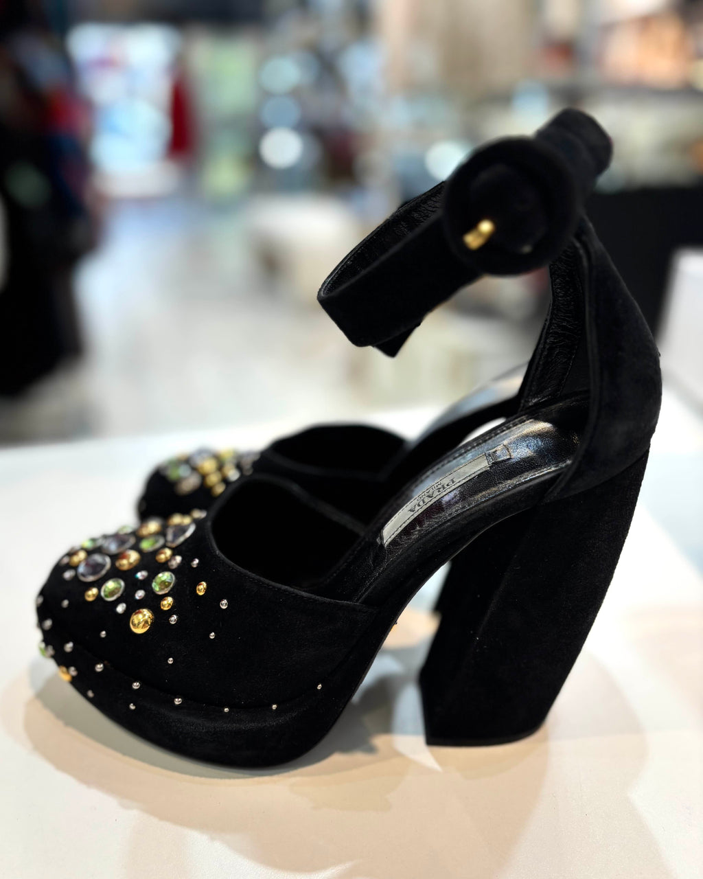 PRADA SUEDE CRYSTAL EMBELLISHED D'ORSAY PUMP HEELS