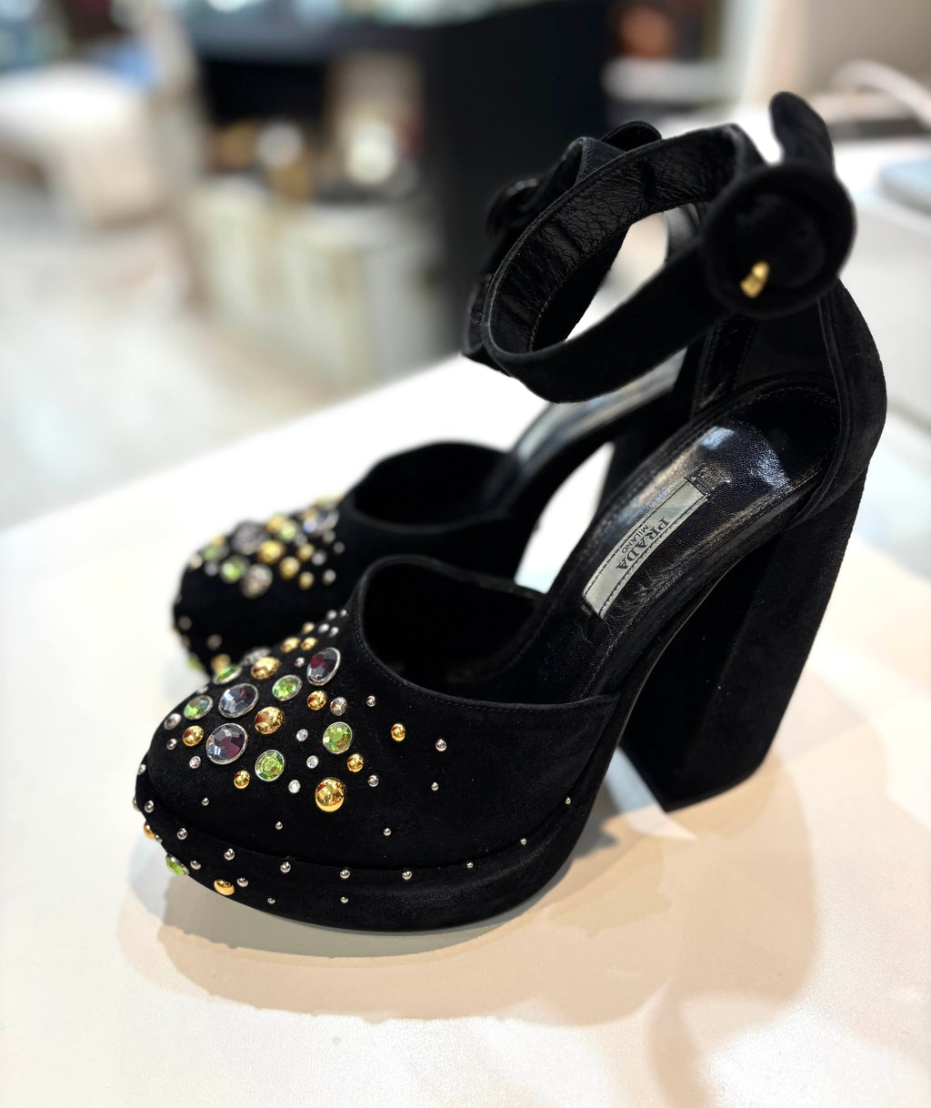 PRADA SUEDE CRYSTAL EMBELLISHED D'ORSAY PUMP HEELS