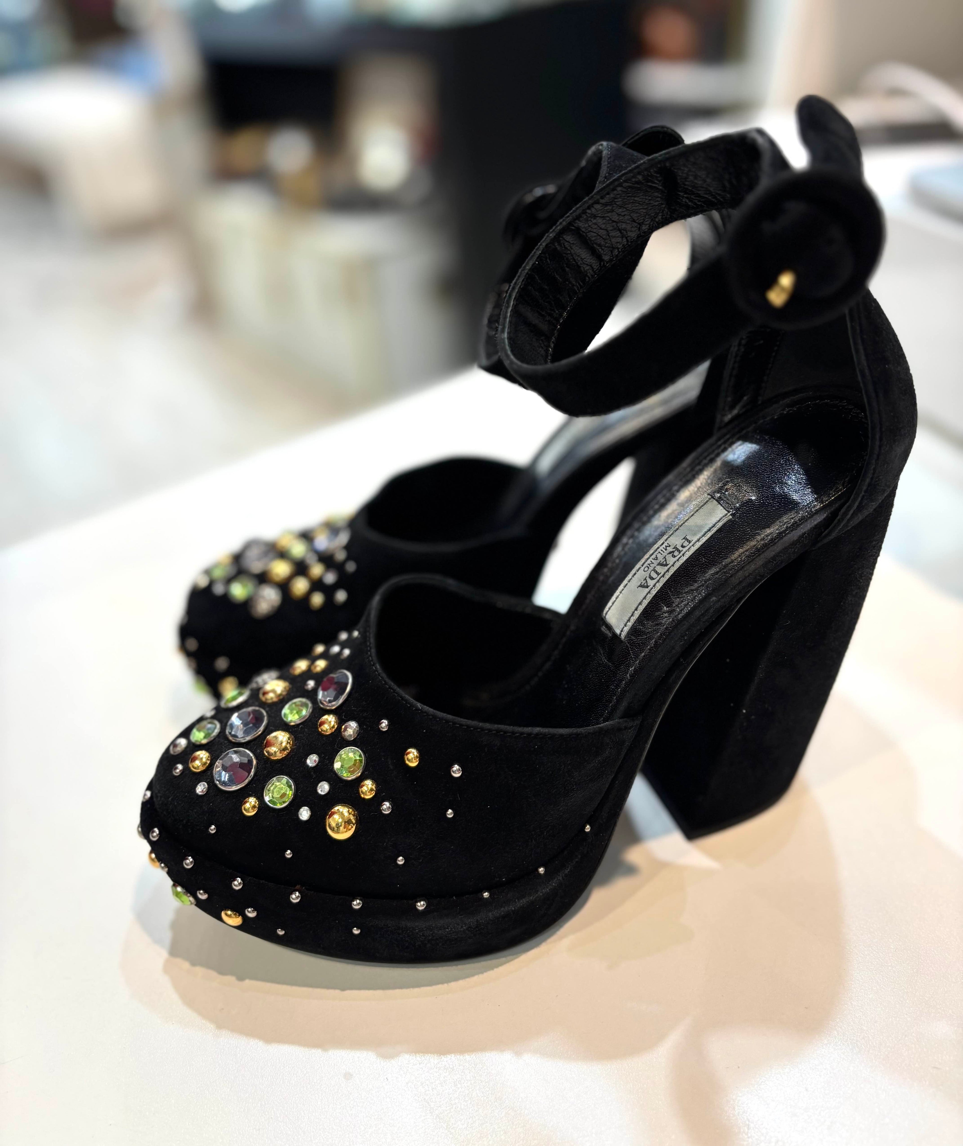 PRADA SUEDE CRYSTAL EMBELLISHED D'ORSAY PUMP HEELS