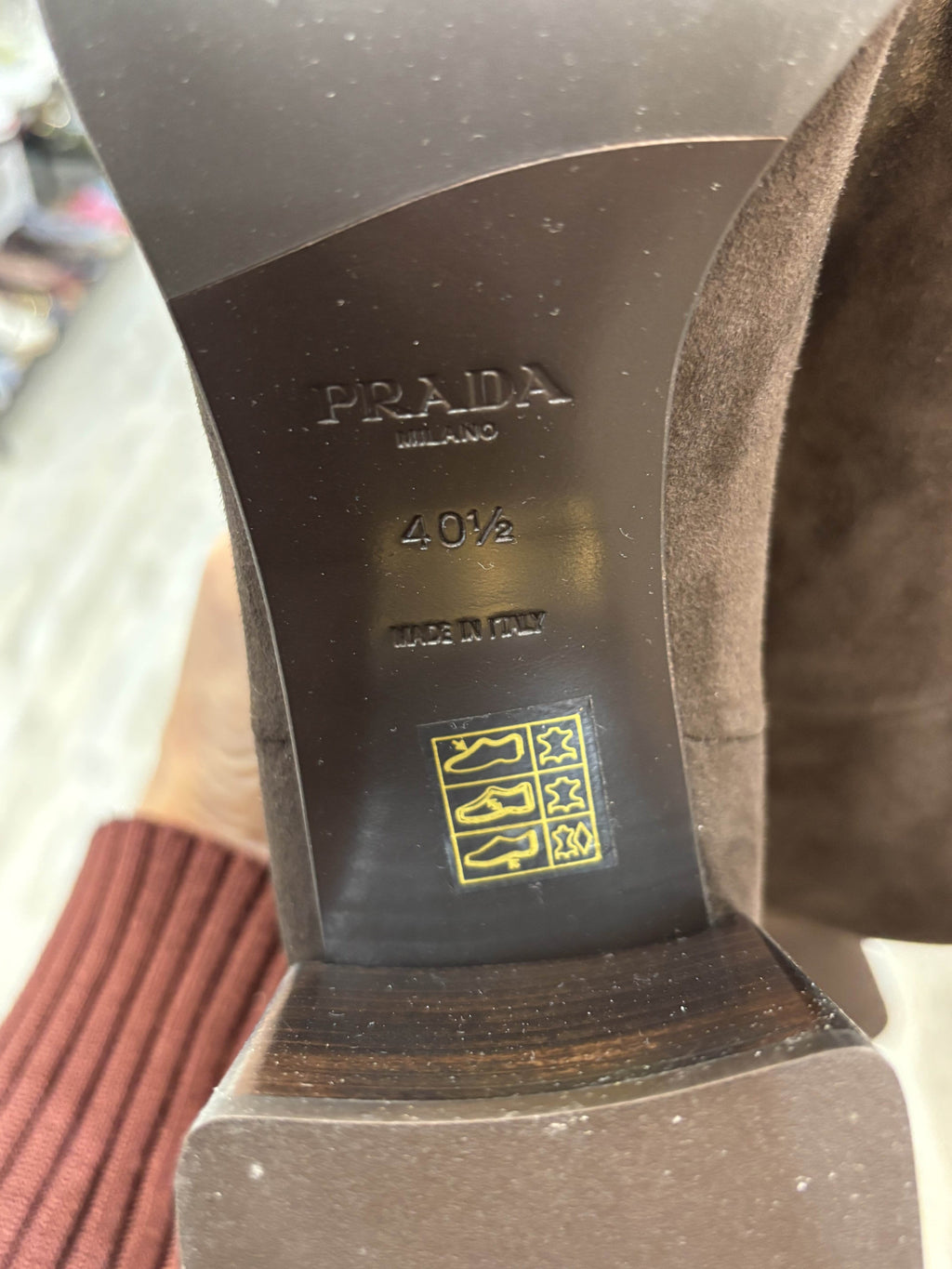 PRADA SUEDE BLOCKED HEEL KNEE HIGH BOOTS