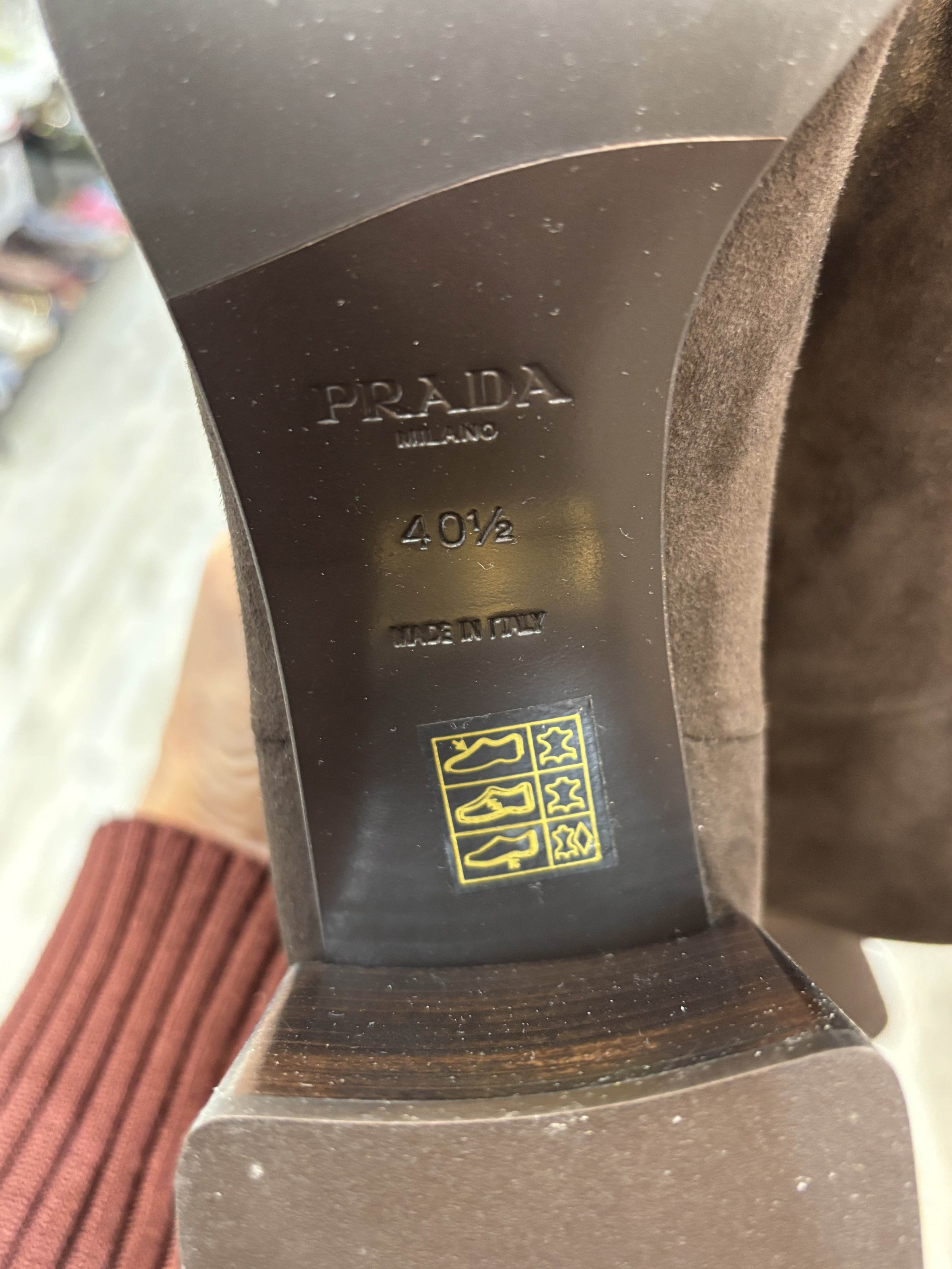 PRADA SUEDE BLOCKED HEEL KNEE HIGH BOOTS