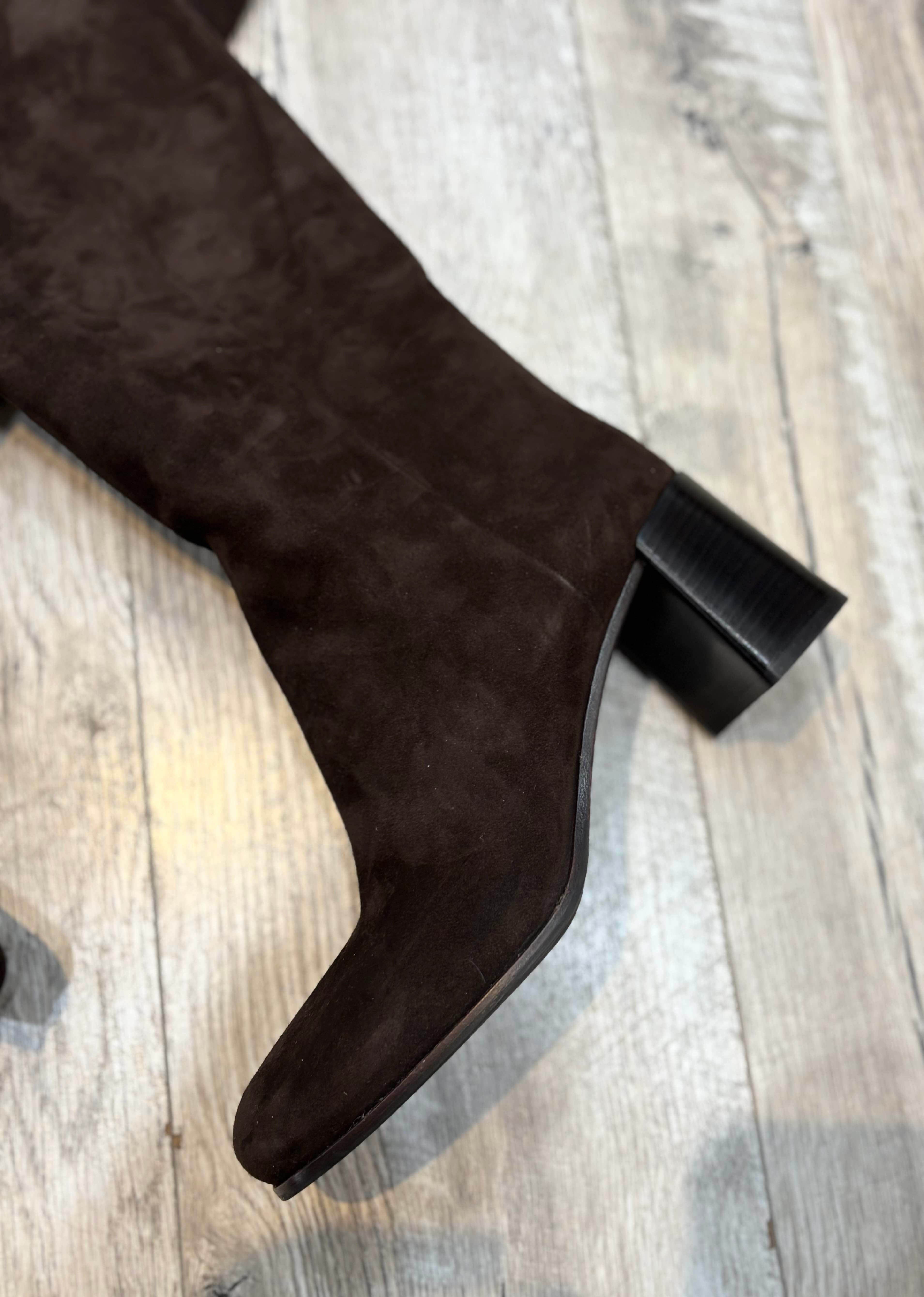 PRADA SUEDE BLOCKED HEEL KNEE HIGH BOOTS