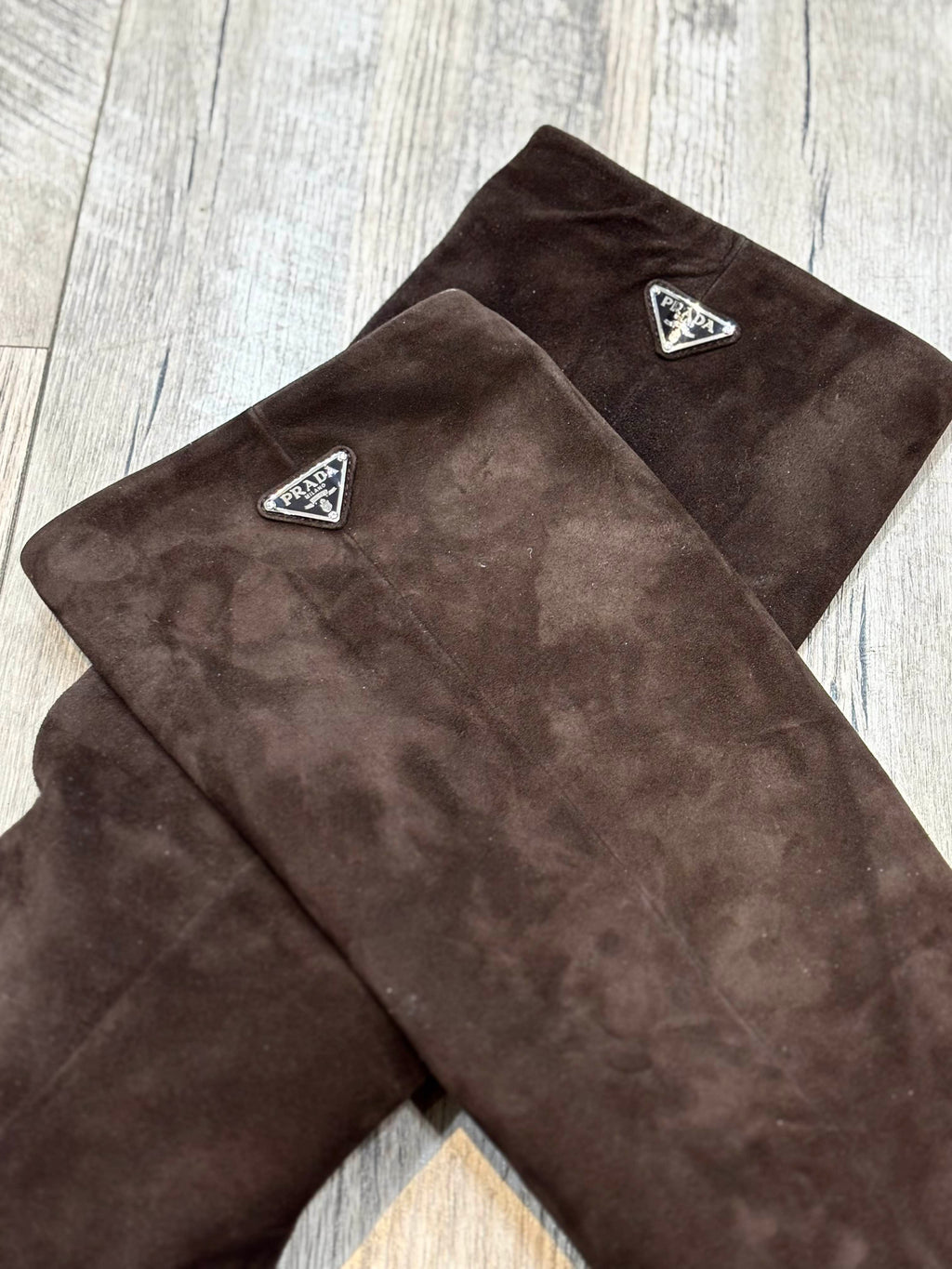PRADA SUEDE BLOCKED HEEL KNEE HIGH BOOTS