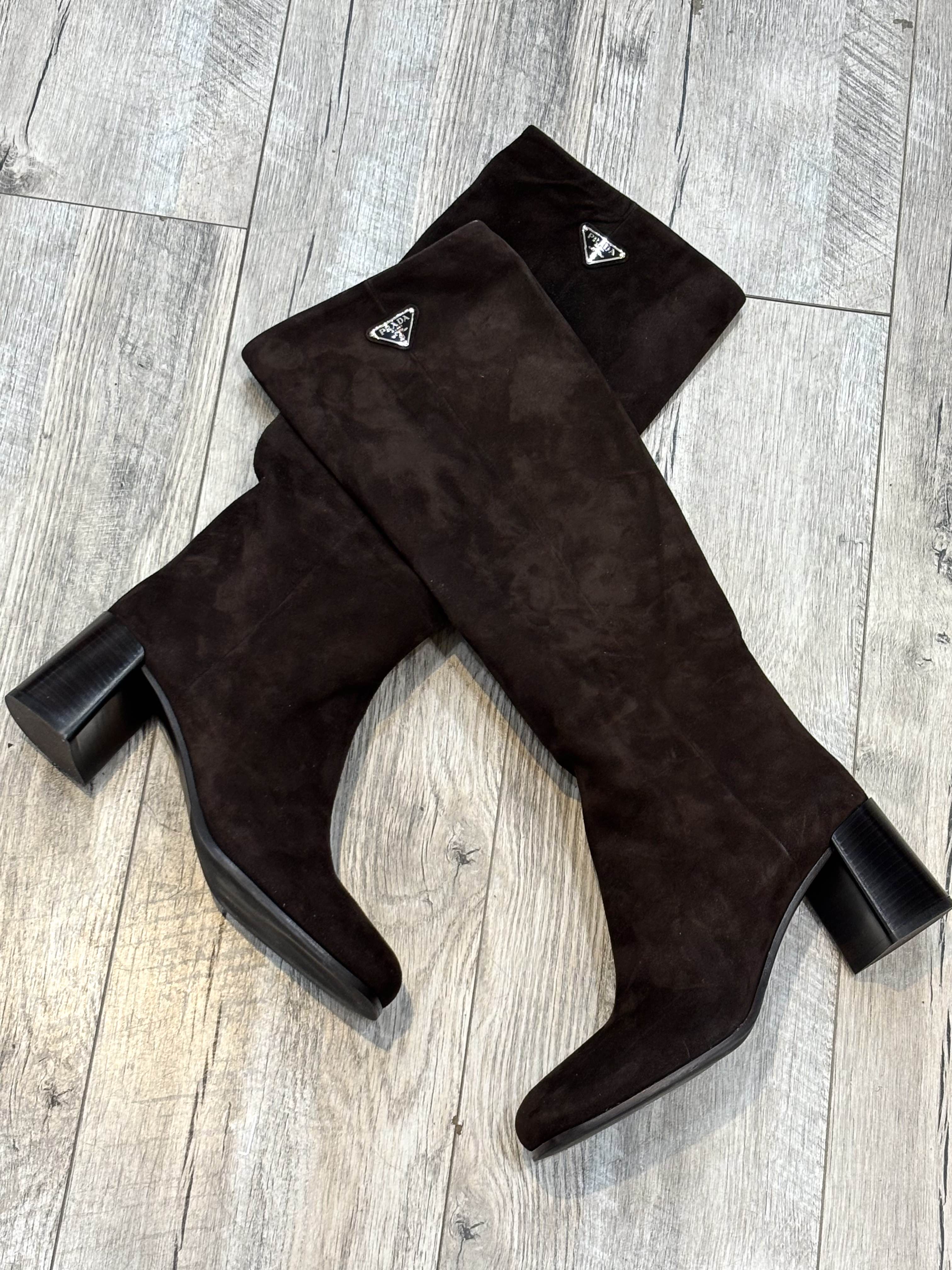 PRADA SUEDE BLOCKED HEEL KNEE HIGH BOOTS