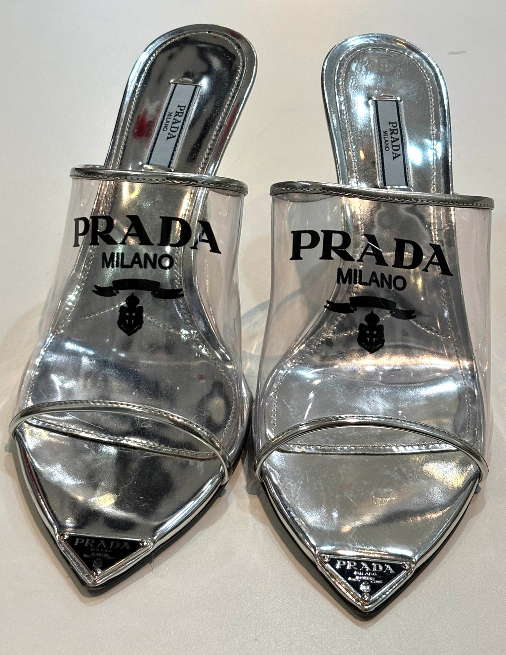 PRADA LOGO PRINT PLEXIGLASS HIGH HEEL SLIDE MULES