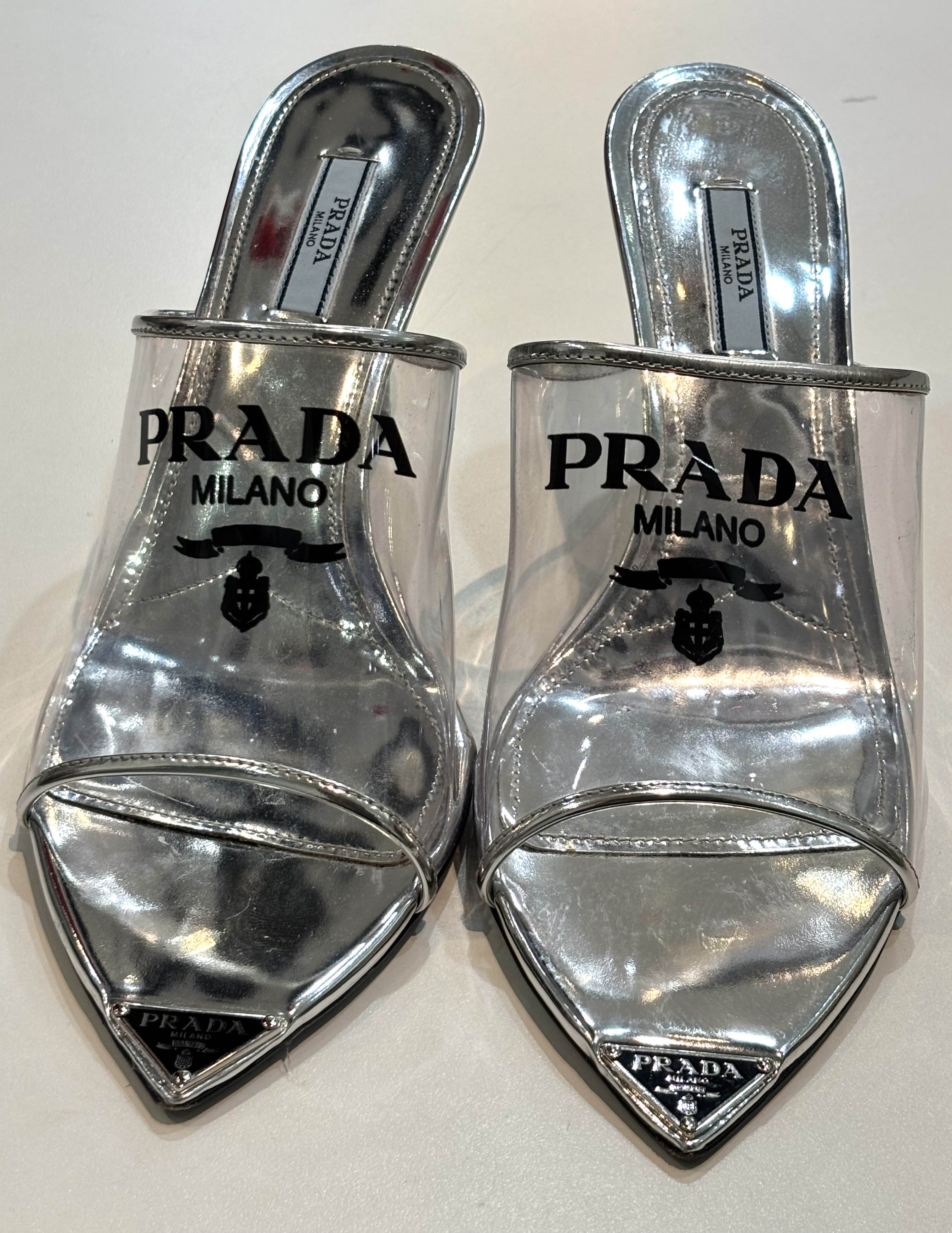 PRADA LOGO PRINT PLEXIGLASS HIGH HEEL SLIDE MULES