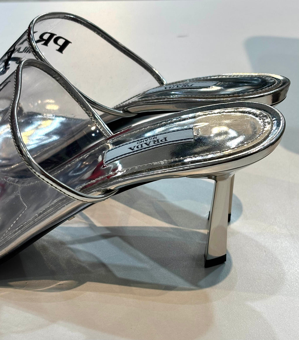 PRADA LOGO PRINT PLEXIGLASS HIGH HEEL SLIDE MULES
