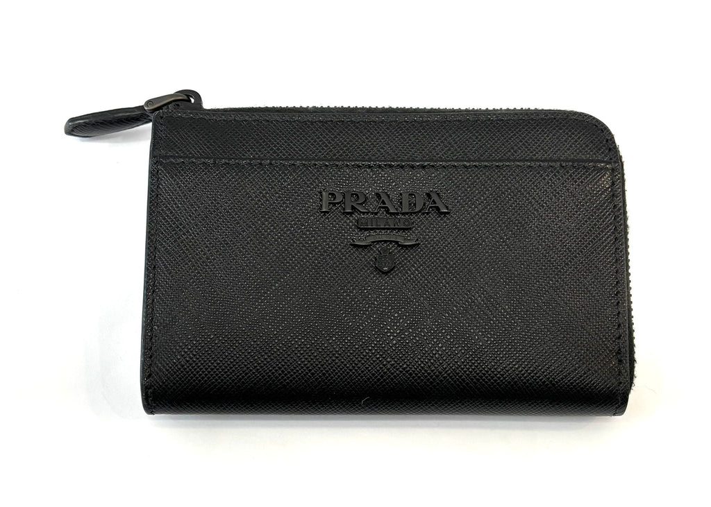 PRADA MONOCHROME SAFFIANO LEATHER ZIP KEYCHAIN  COMPACT WALLET