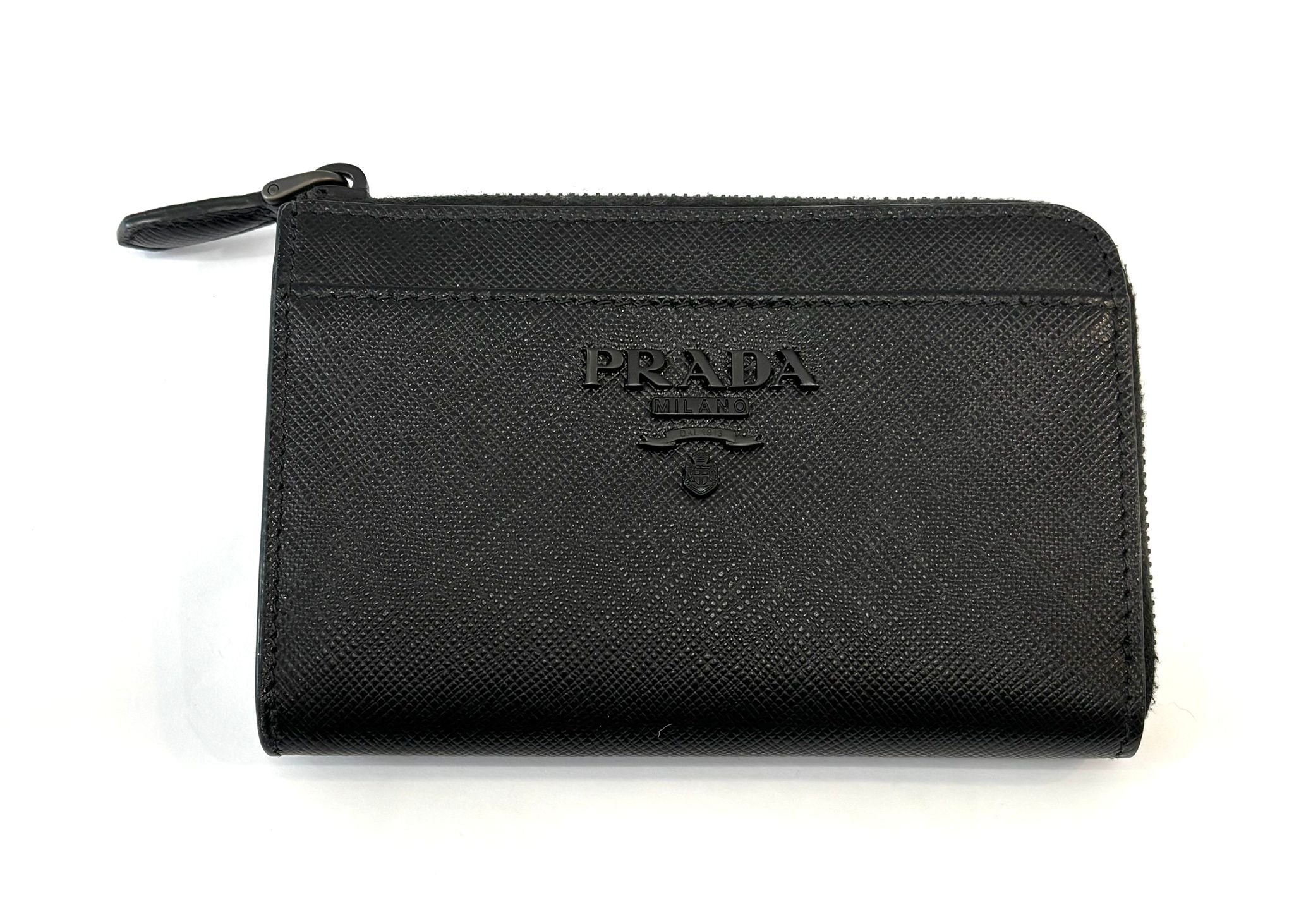 PRADA MONOCHROME SAFFIANO LEATHER ZIP KEYCHAIN  COMPACT WALLET