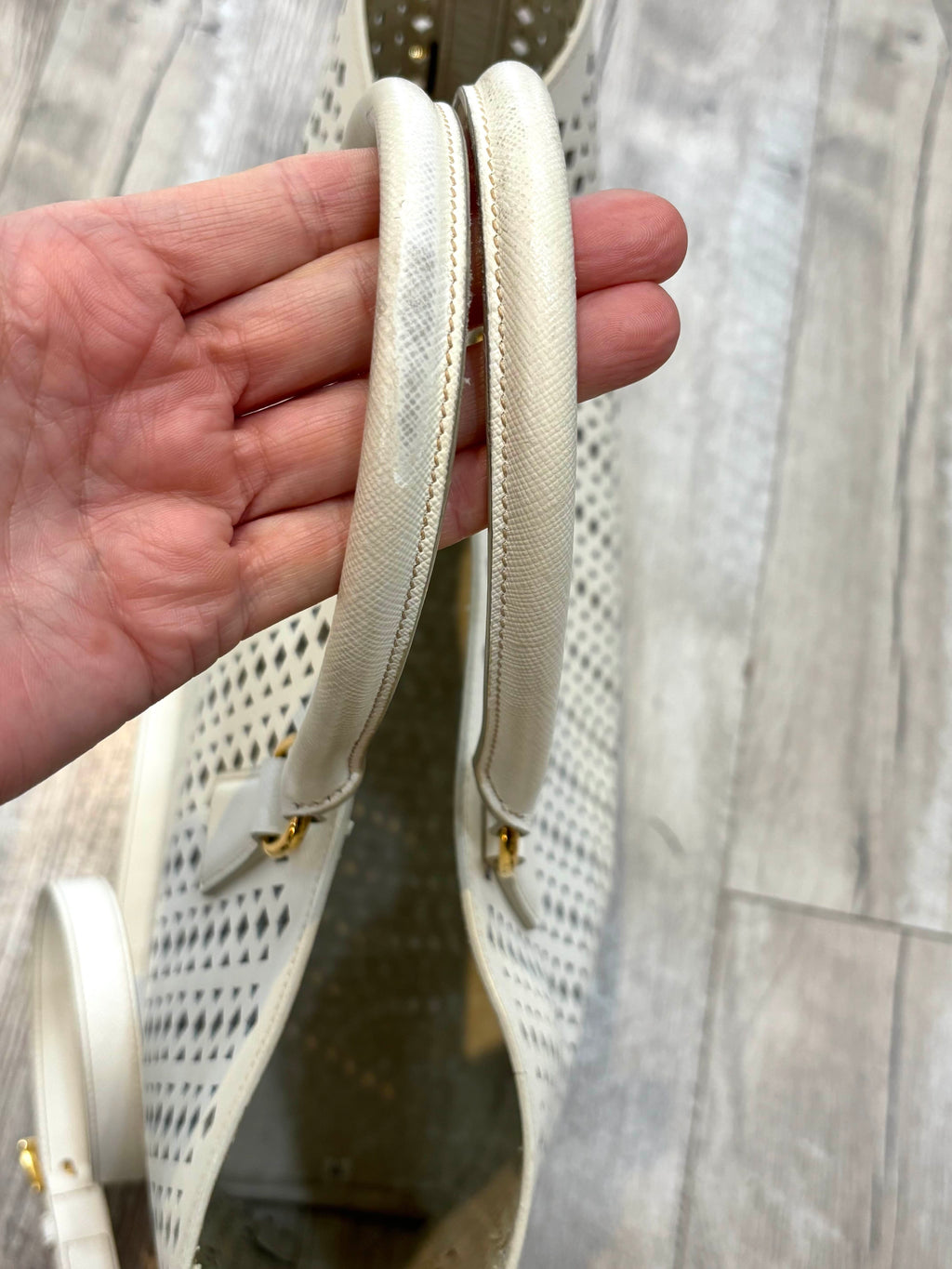 PRADA PERFORATED OFF WHITE LEATHER TOTE WITH POUCH