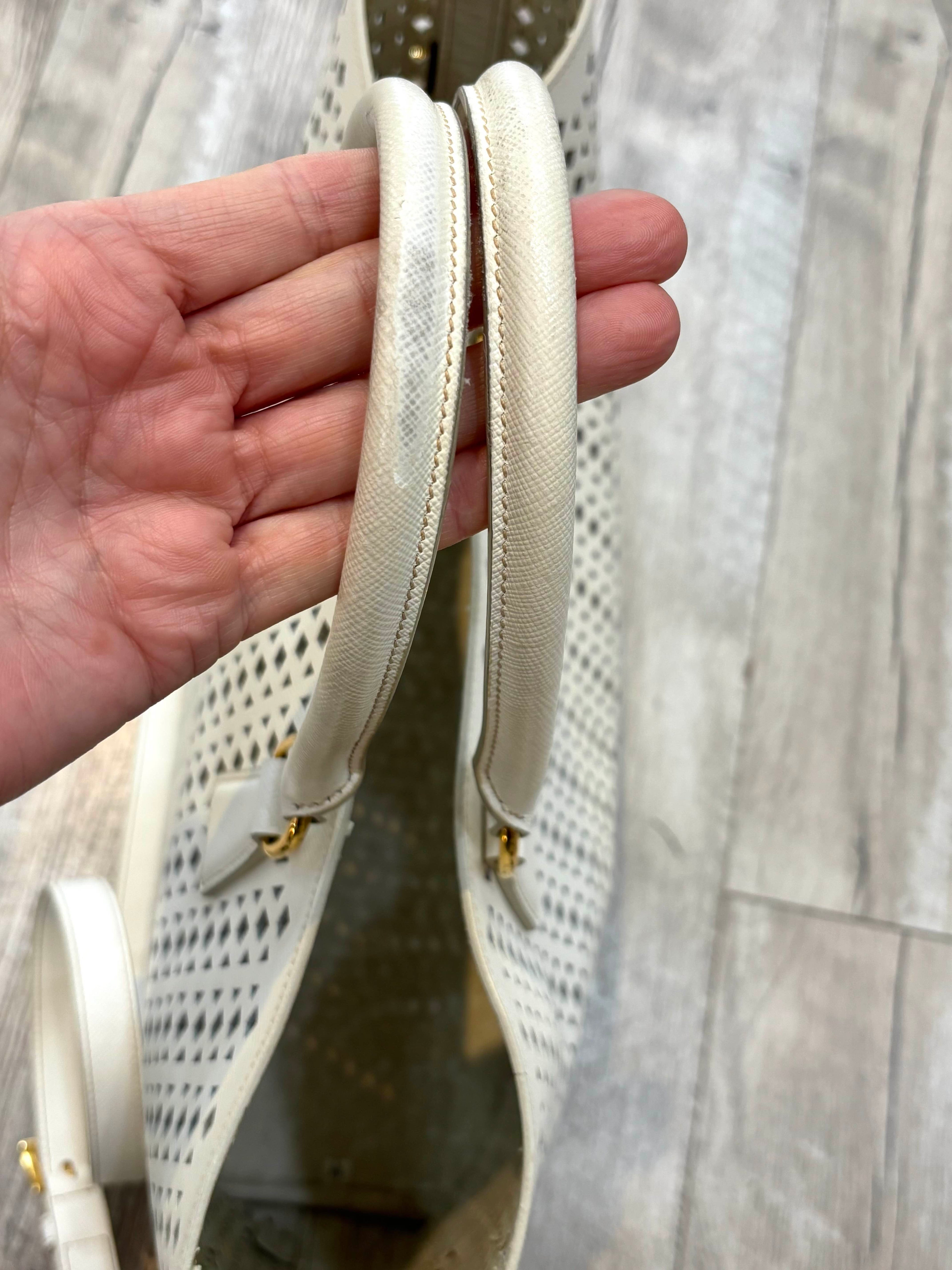 PRADA PERFORATED OFF WHITE LEATHER TOTE WITH POUCH