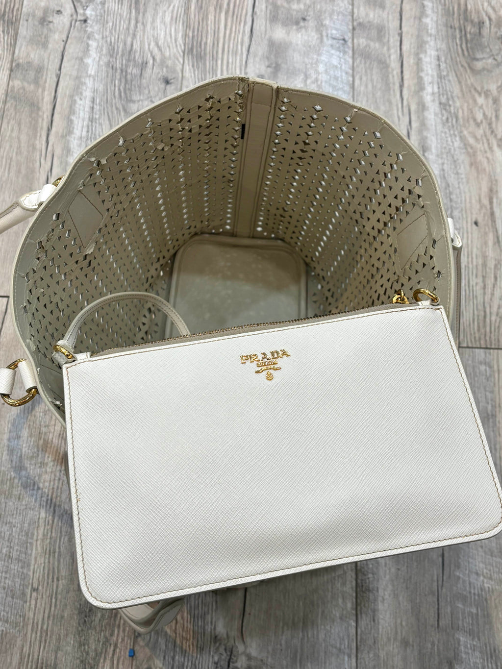 PRADA PERFORATED OFF WHITE LEATHER TOTE WITH POUCH