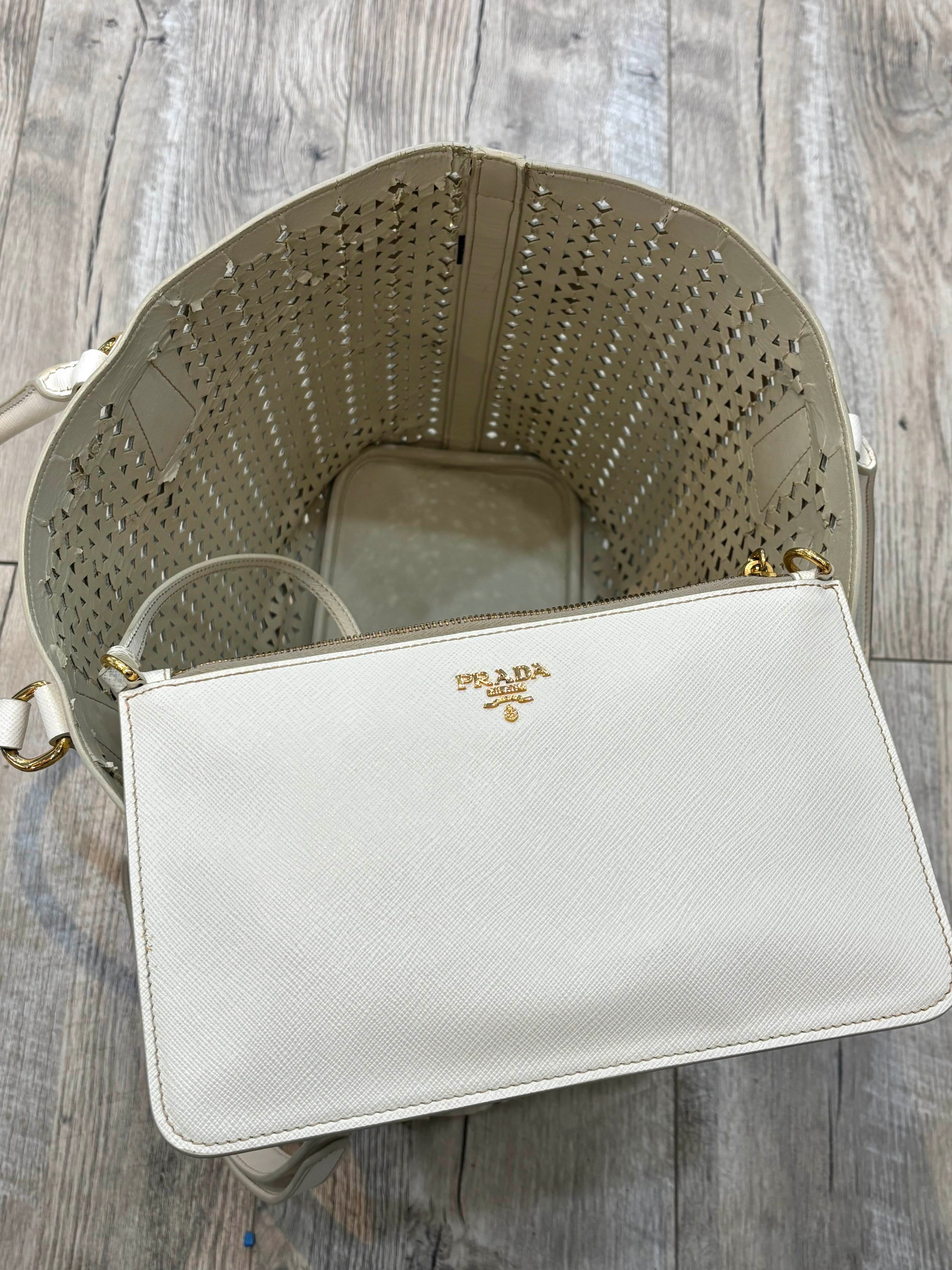 PRADA PERFORATED OFF WHITE LEATHER TOTE WITH POUCH