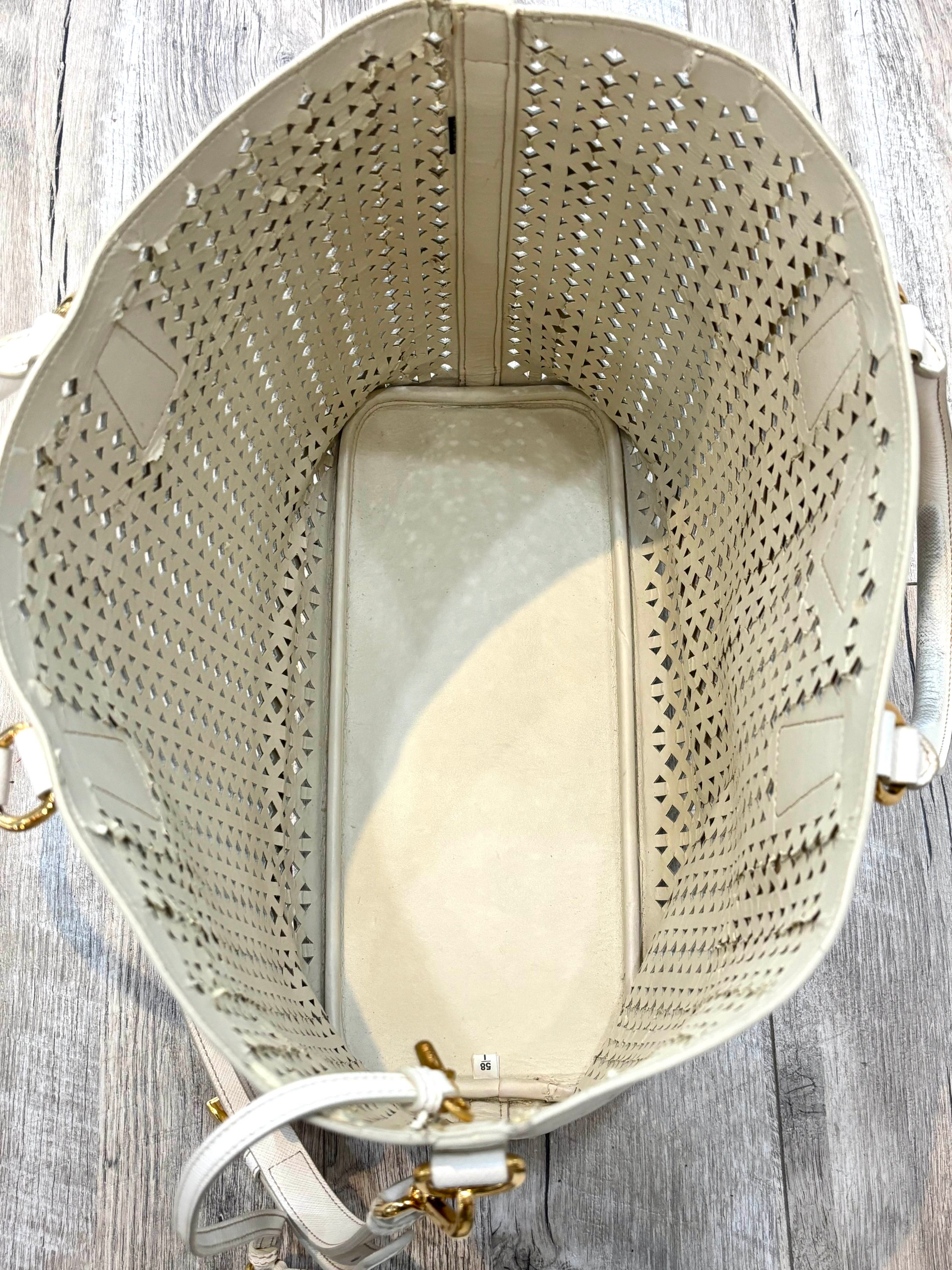 PRADA PERFORATED OFF WHITE LEATHER TOTE WITH POUCH