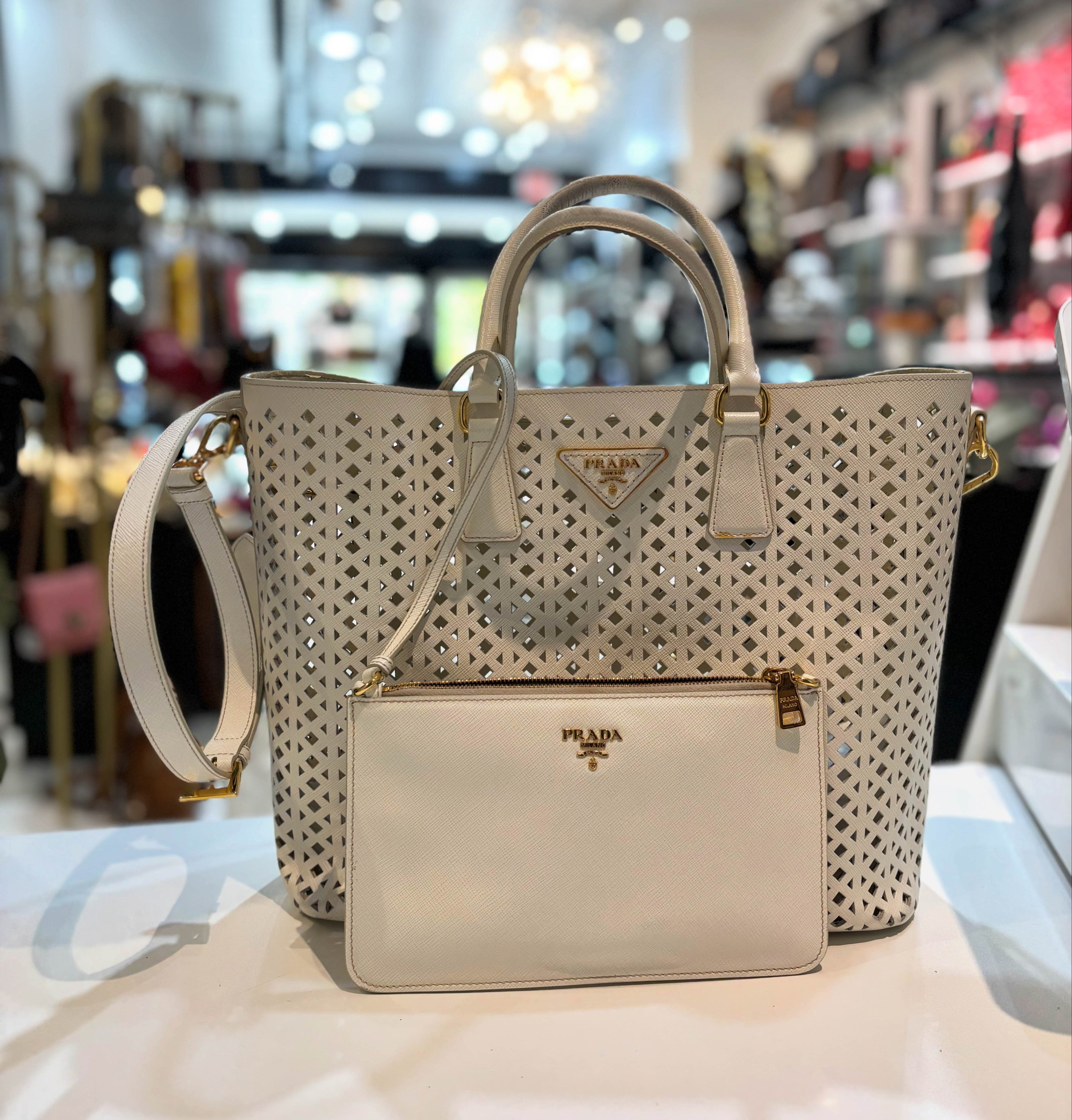 PRADA PERFORATED OFF WHITE LEATHER TOTE WITH POUCH