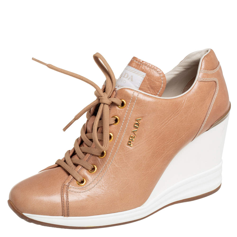 PRADA WEDGE HEEL CALFSKIN LEATHER SNEAKERS