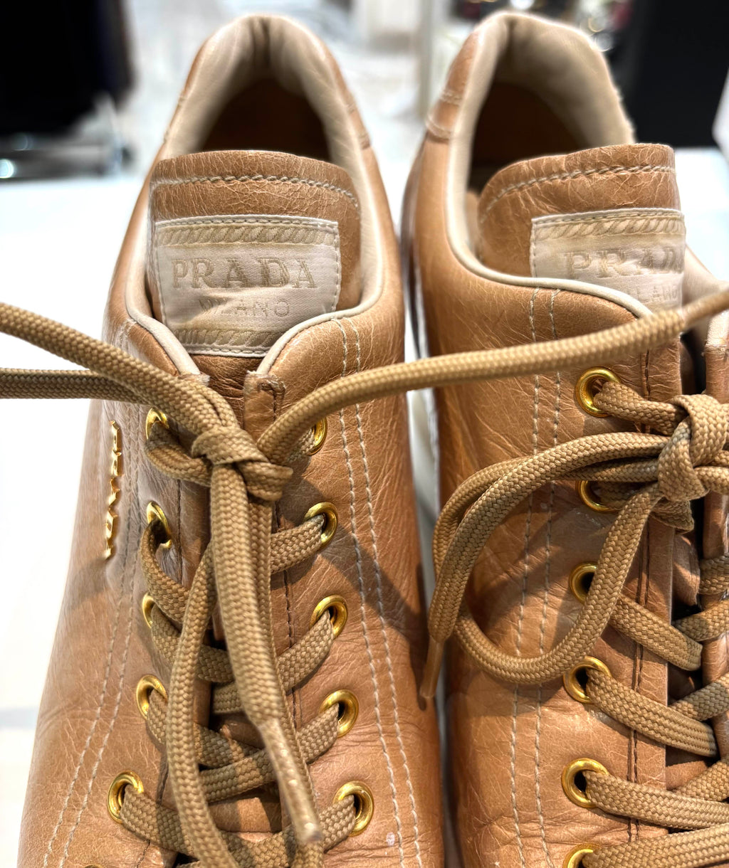 PRADA WEDGE HEEL CALFSKIN LEATHER SNEAKERS