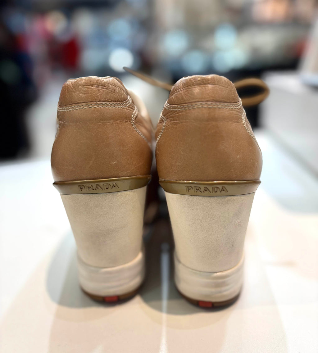 PRADA WEDGE HEEL CALFSKIN LEATHER SNEAKERS