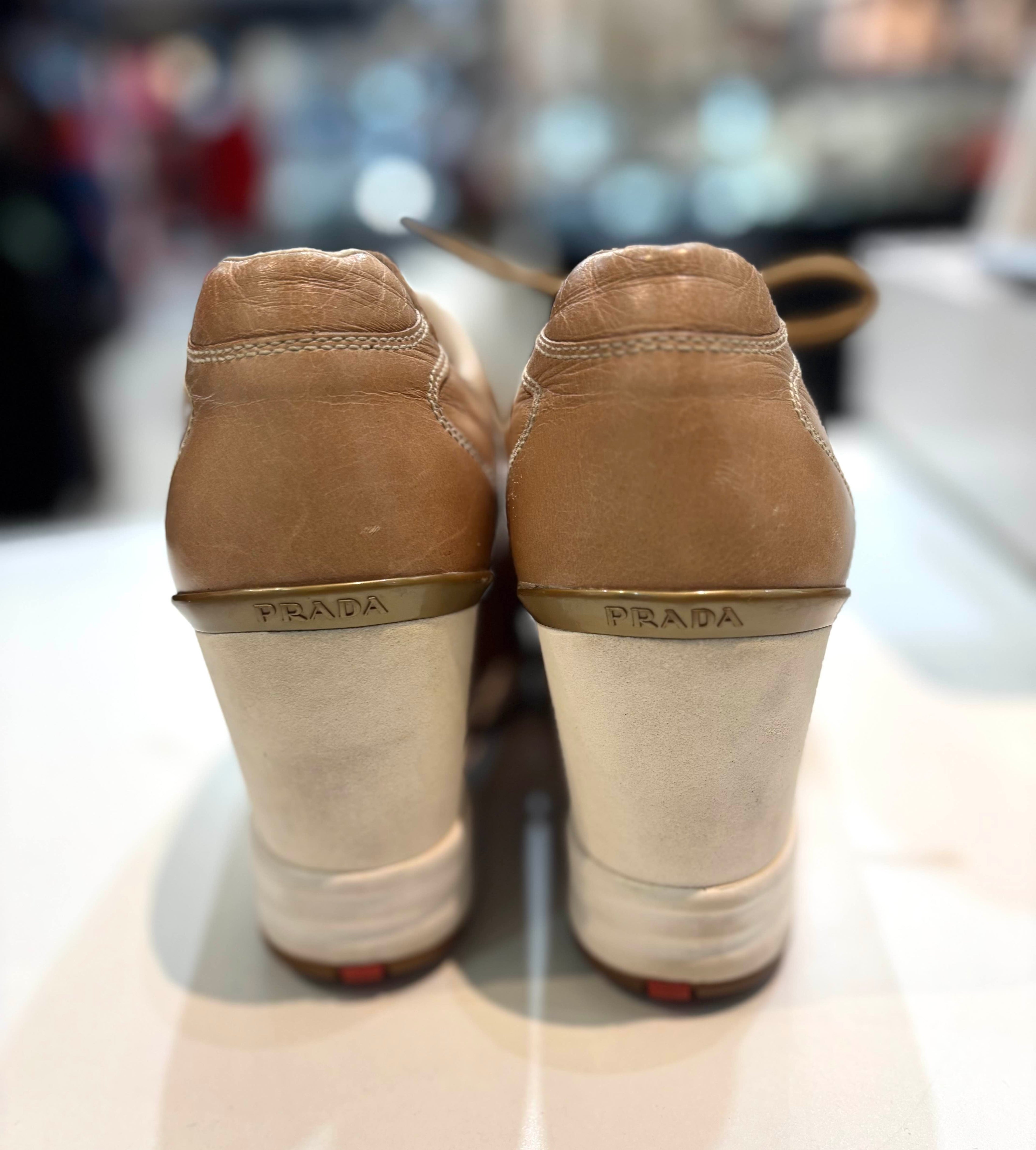 PRADA WEDGE HEEL CALFSKIN LEATHER SNEAKERS