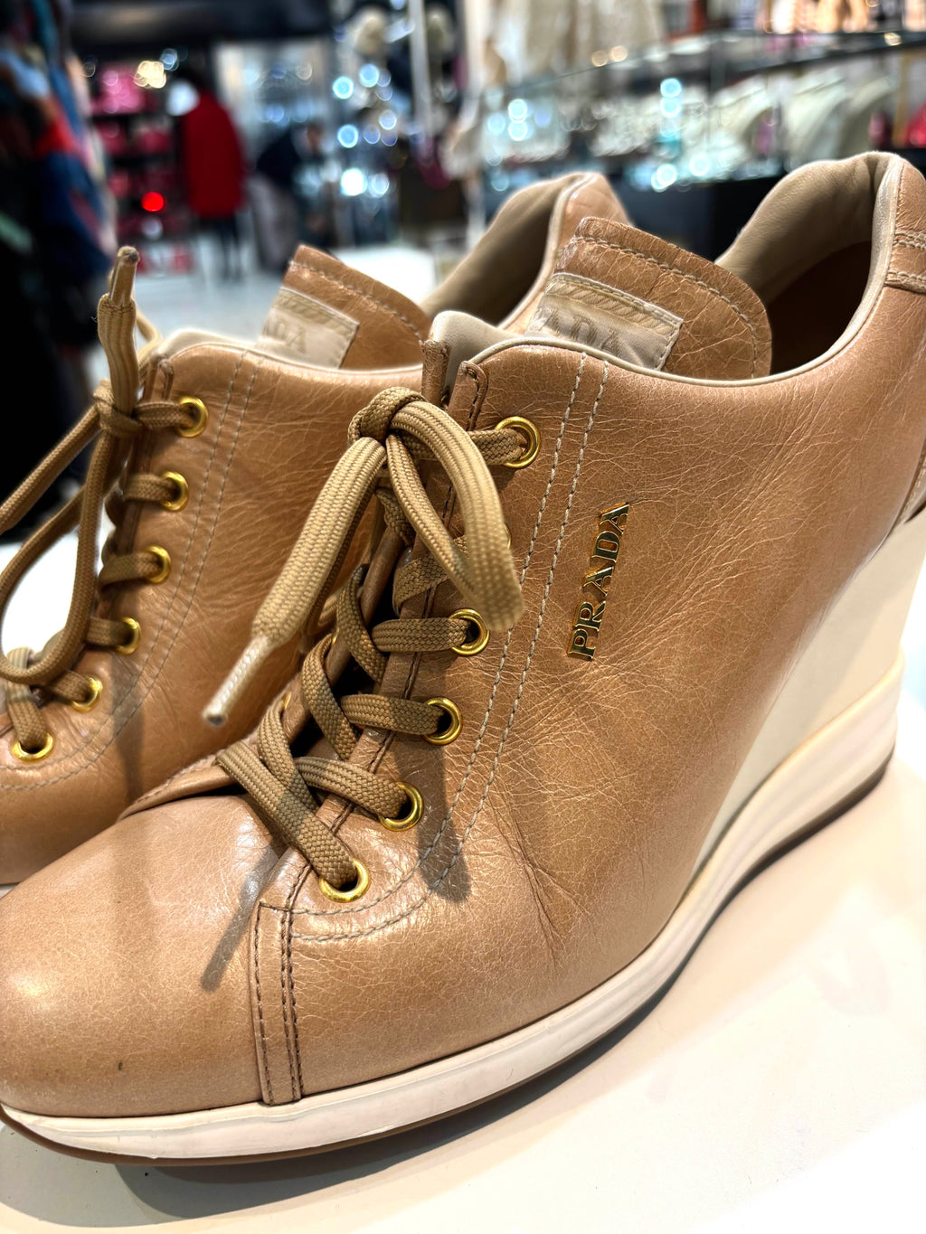PRADA WEDGE HEEL CALFSKIN LEATHER SNEAKERS