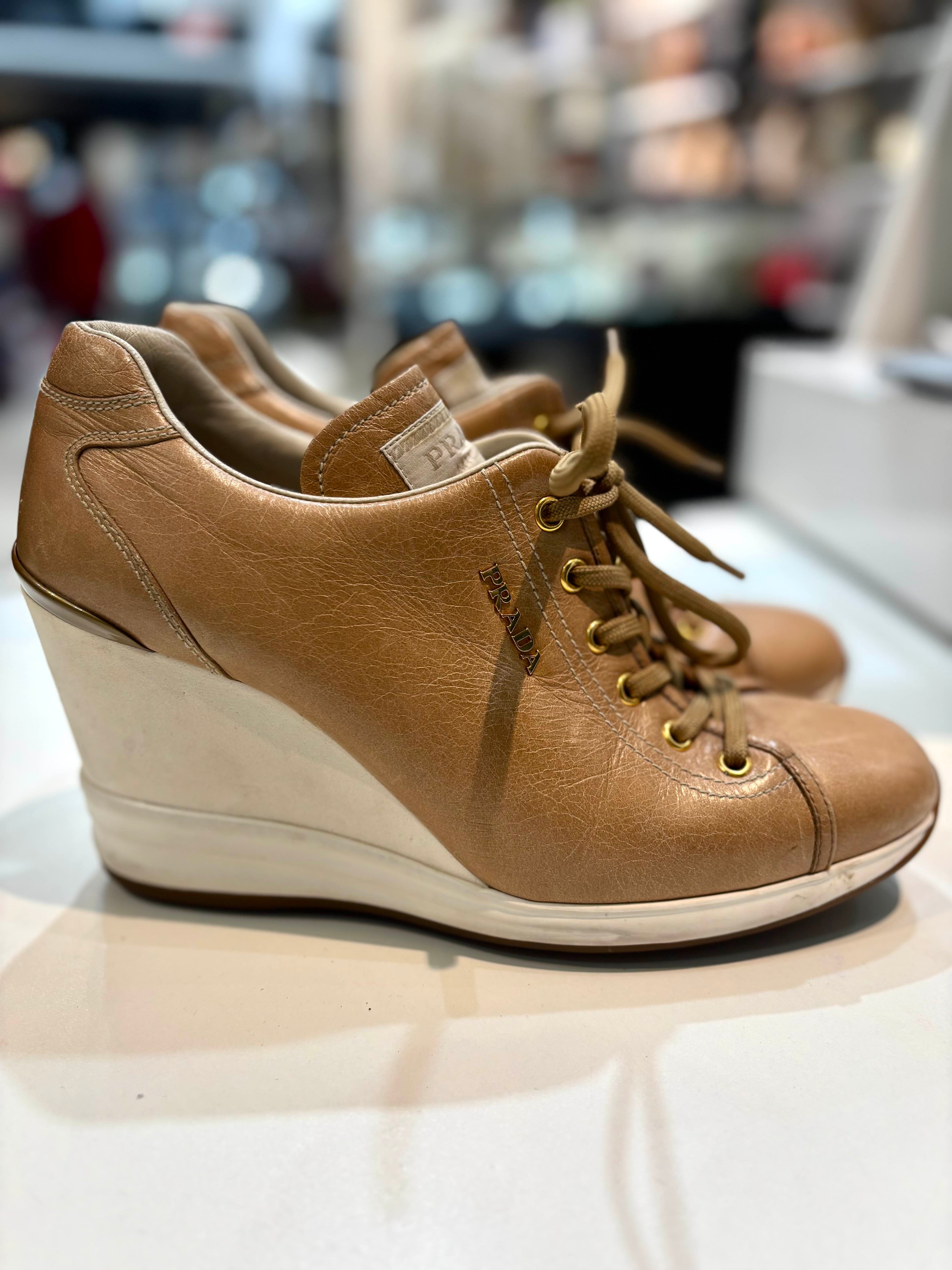 PRADA WEDGE HEEL CALFSKIN LEATHER SNEAKERS