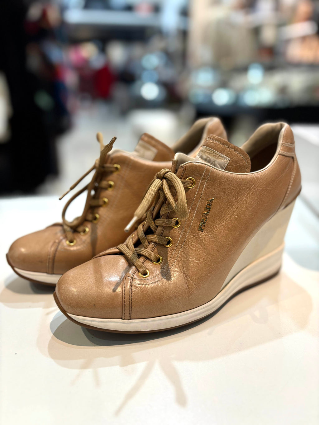 PRADA WEDGE HEEL CALFSKIN LEATHER SNEAKERS