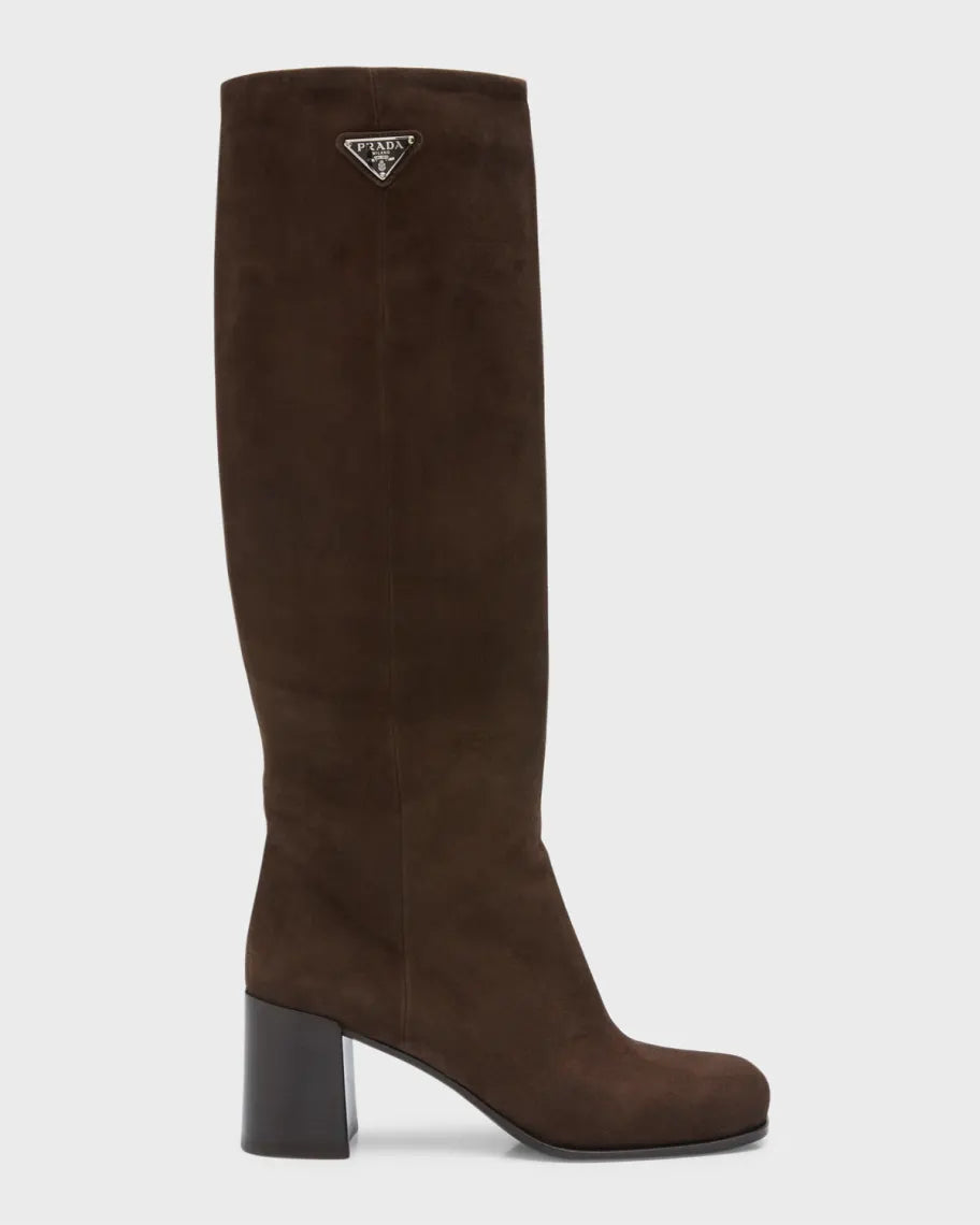 PRADA SUEDE BLOCKED HEEL KNEE HIGH BOOTS