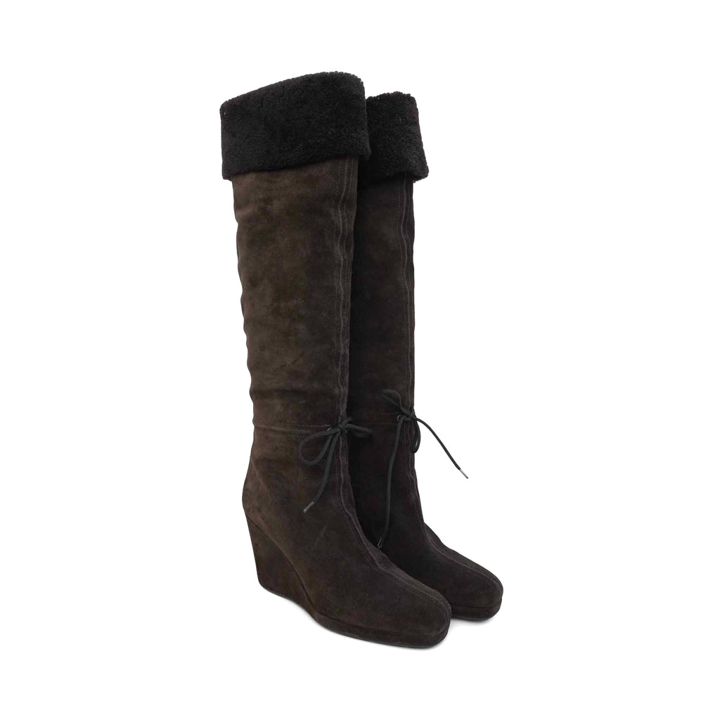 Prada Shearling Trim Wedge Boots - Women's 39.5