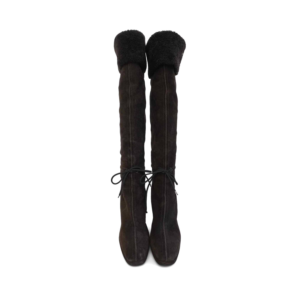 Prada Shearling Trim Wedge Boots - Women's 39.5