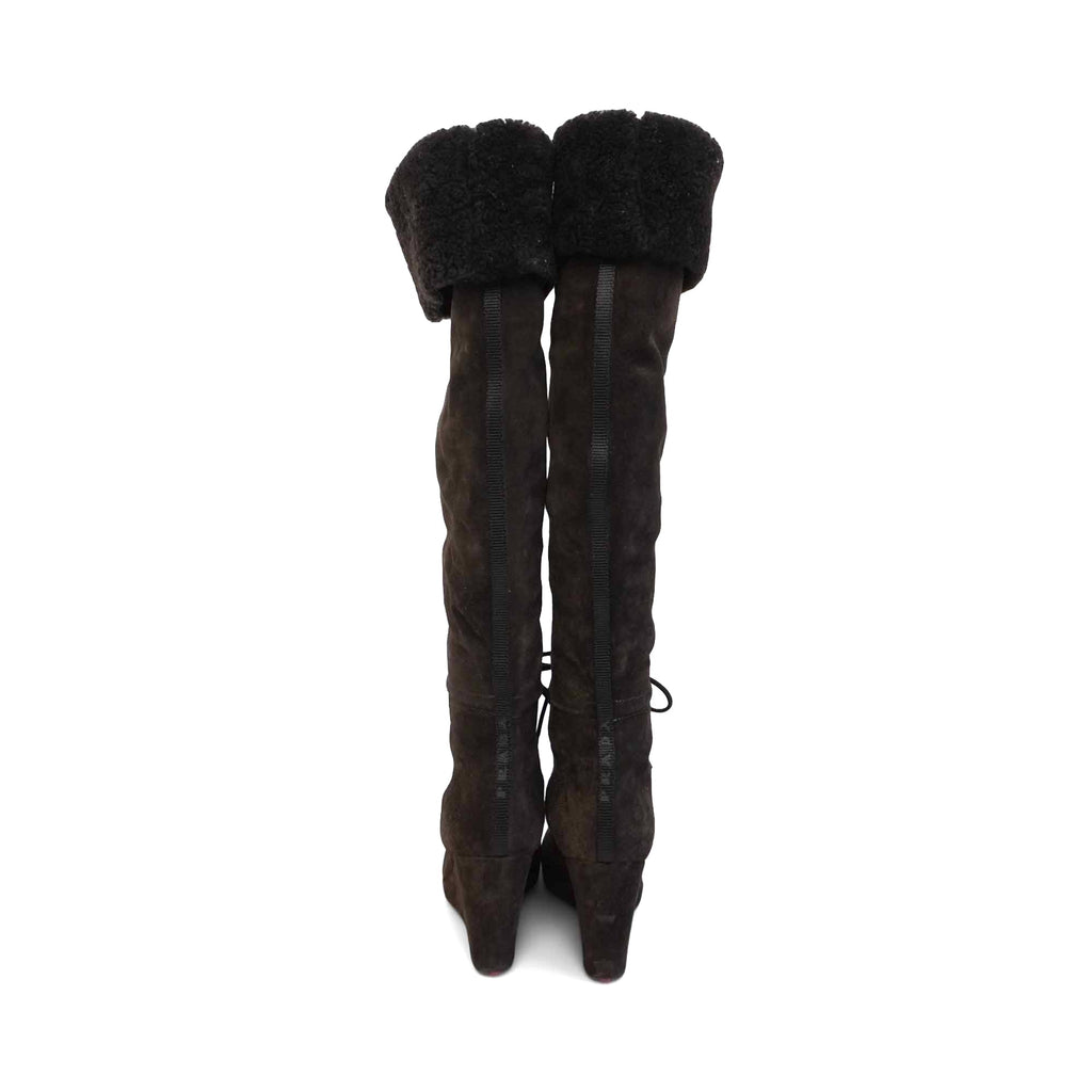 Prada Shearling Trim Wedge Boots - Women's 39.5
