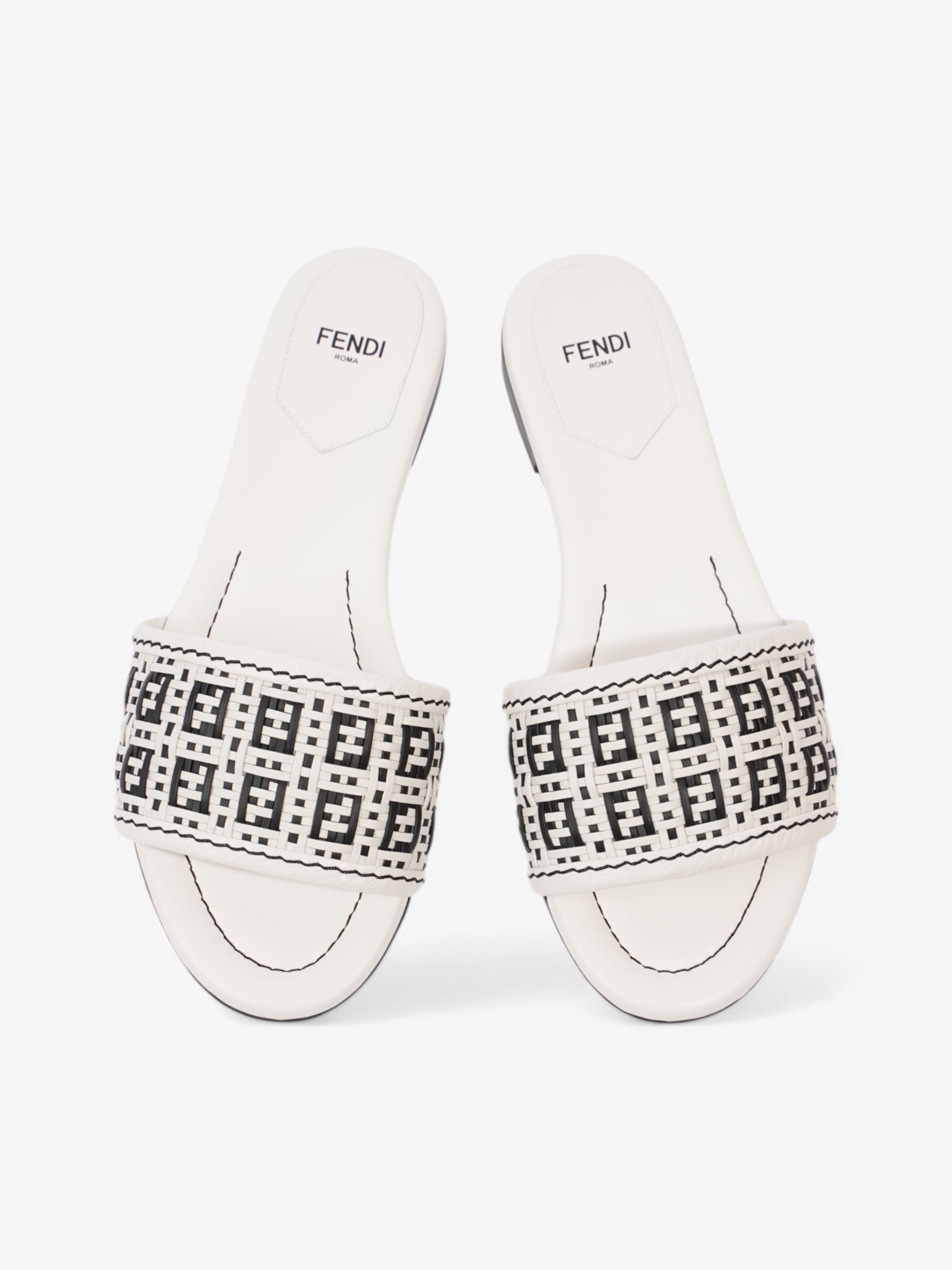 Fendi Ciabatta Slide White / Black Intrecciato Leather EU 37 UK 4