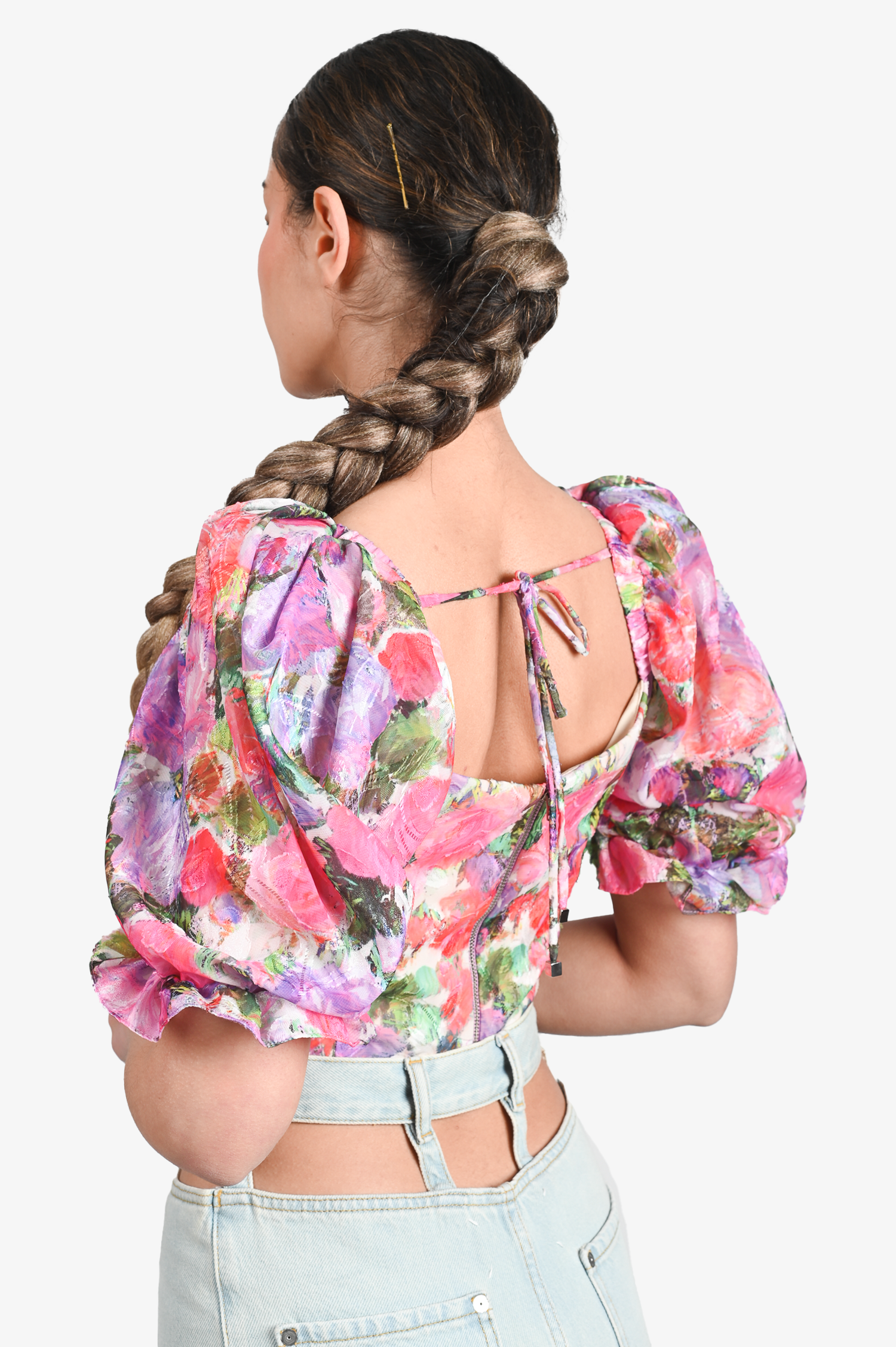 Patbo Pink/Purple Floral Puff Sleeve Cropped Top Size 4 US