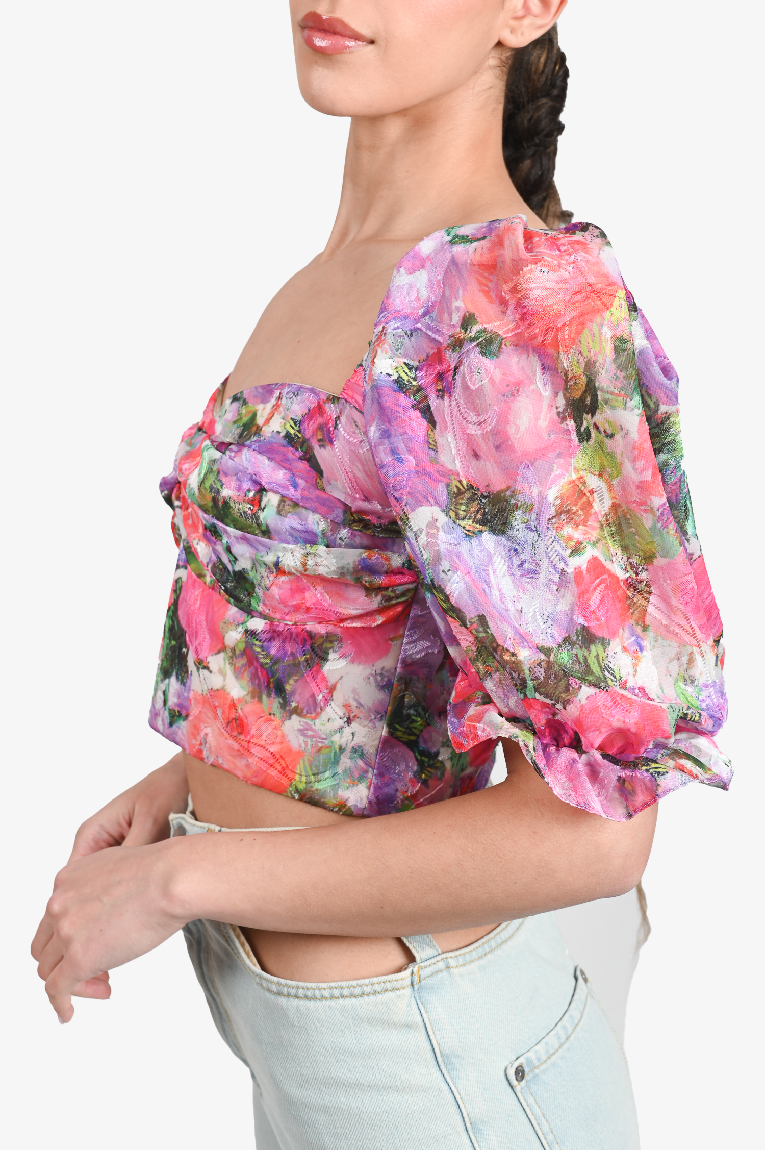 Patbo Pink/Purple Floral Puff Sleeve Cropped Top Size 4 US