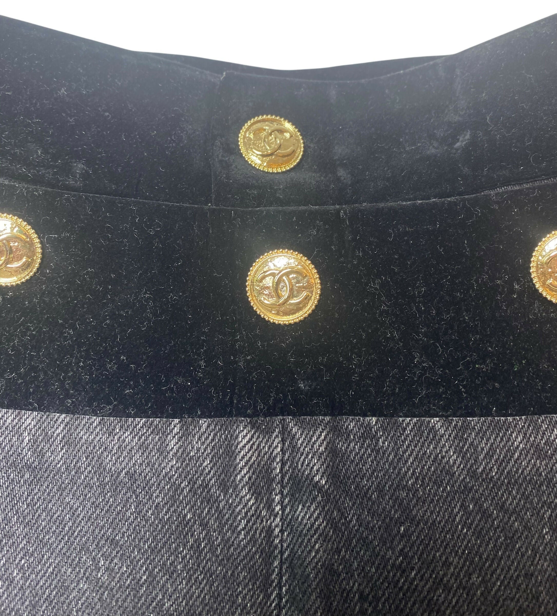 Chanel 20C Washed black velvet-trimmed cotton denim sailor boyfriend jeans FR 36