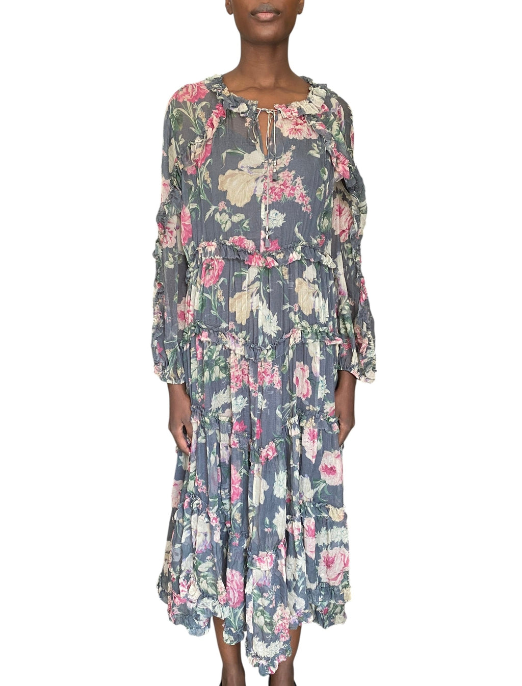 Zimmermann Grey Silk Iris Floral Ruffle Midi Dress - 3 / US 10