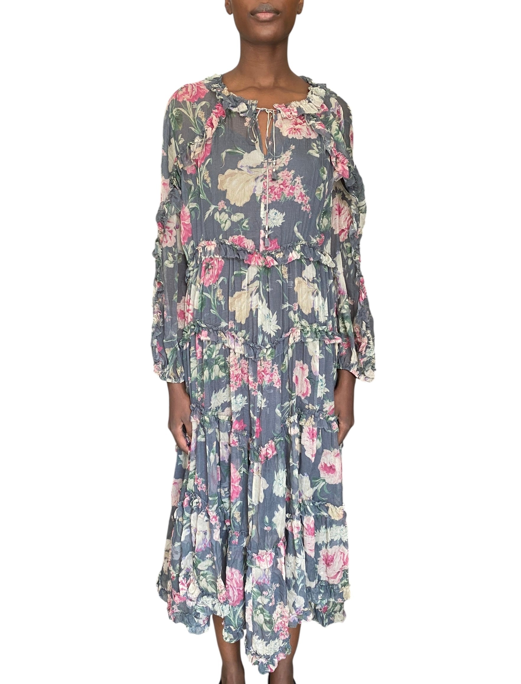 Zimmermann Grey Silk Iris Floral Ruffle Midi Dress - 3 / US 10