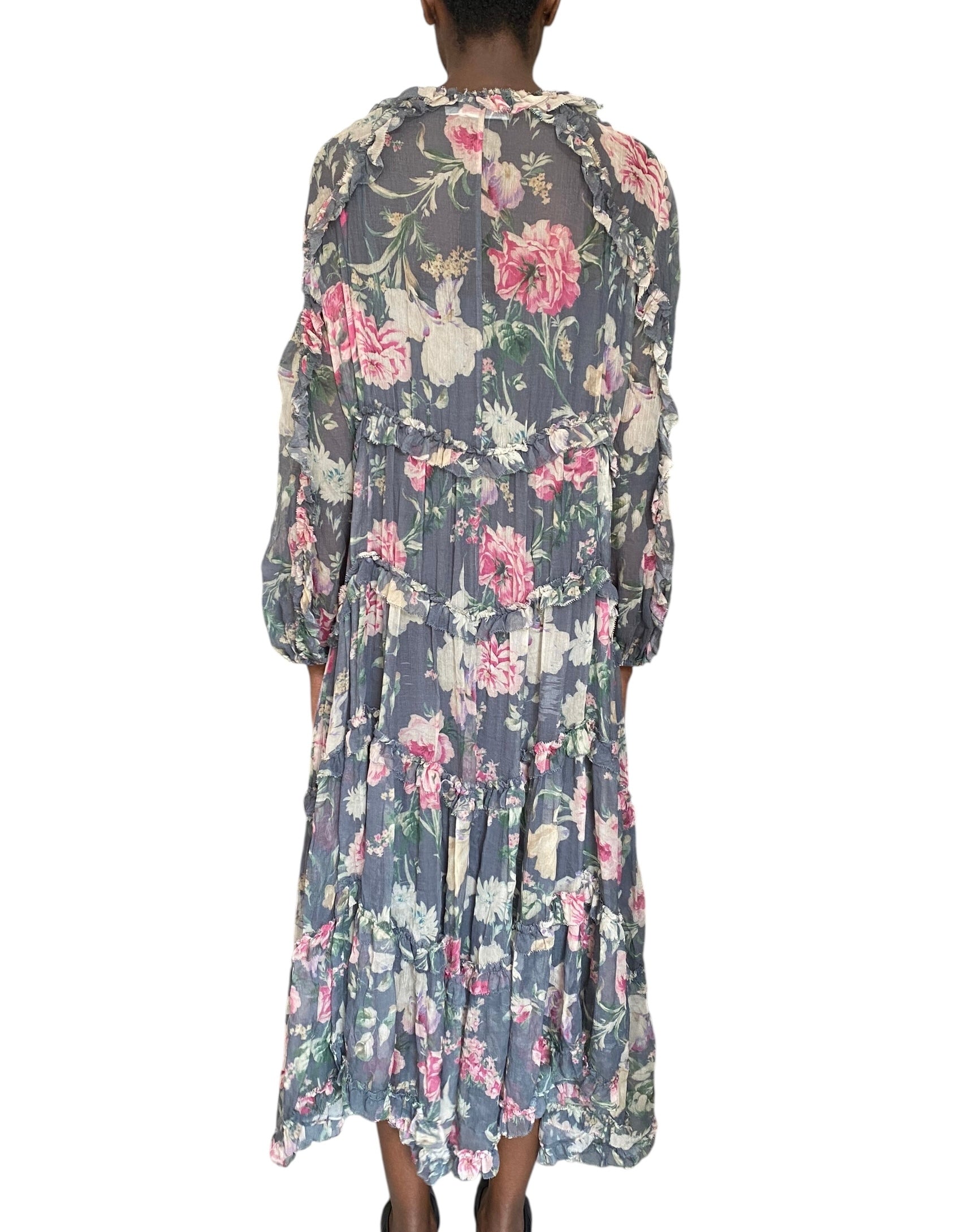 Zimmermann Grey Silk Iris Floral Ruffle Midi Dress - 3 / US 10