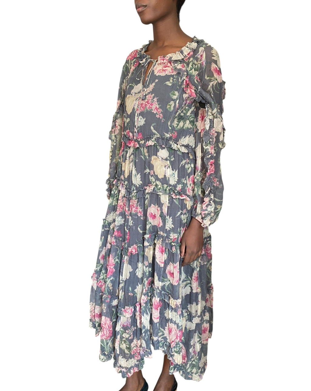 Zimmermann Grey Silk Iris Floral Ruffle Midi Dress - 3 / US 10