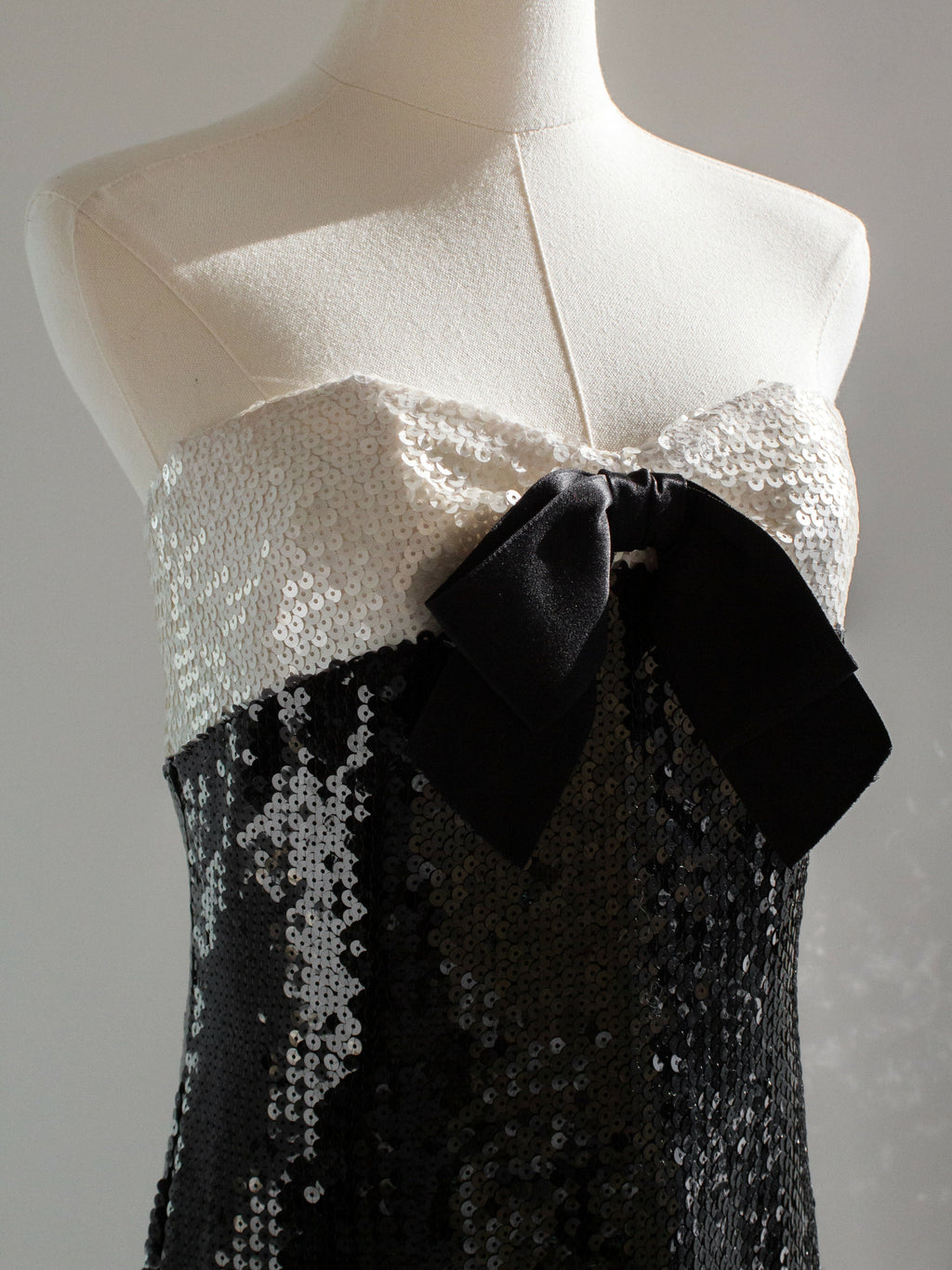 Chanel Vintage S/S 1987 White Black Sequin Embellished Bow Bustier Mini Dress