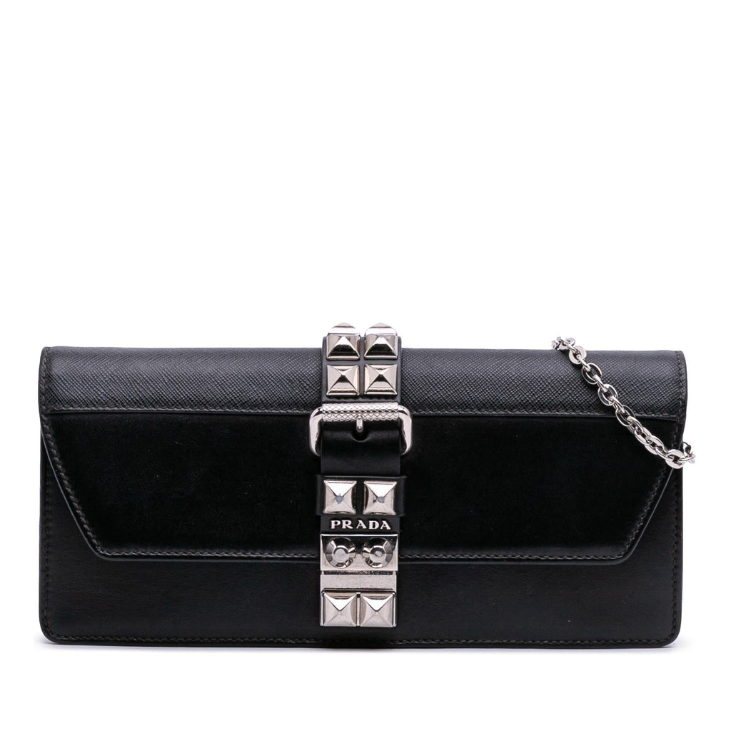 Prada City Calfskin and Saffiano Studded Elektra Clutch with Chain
