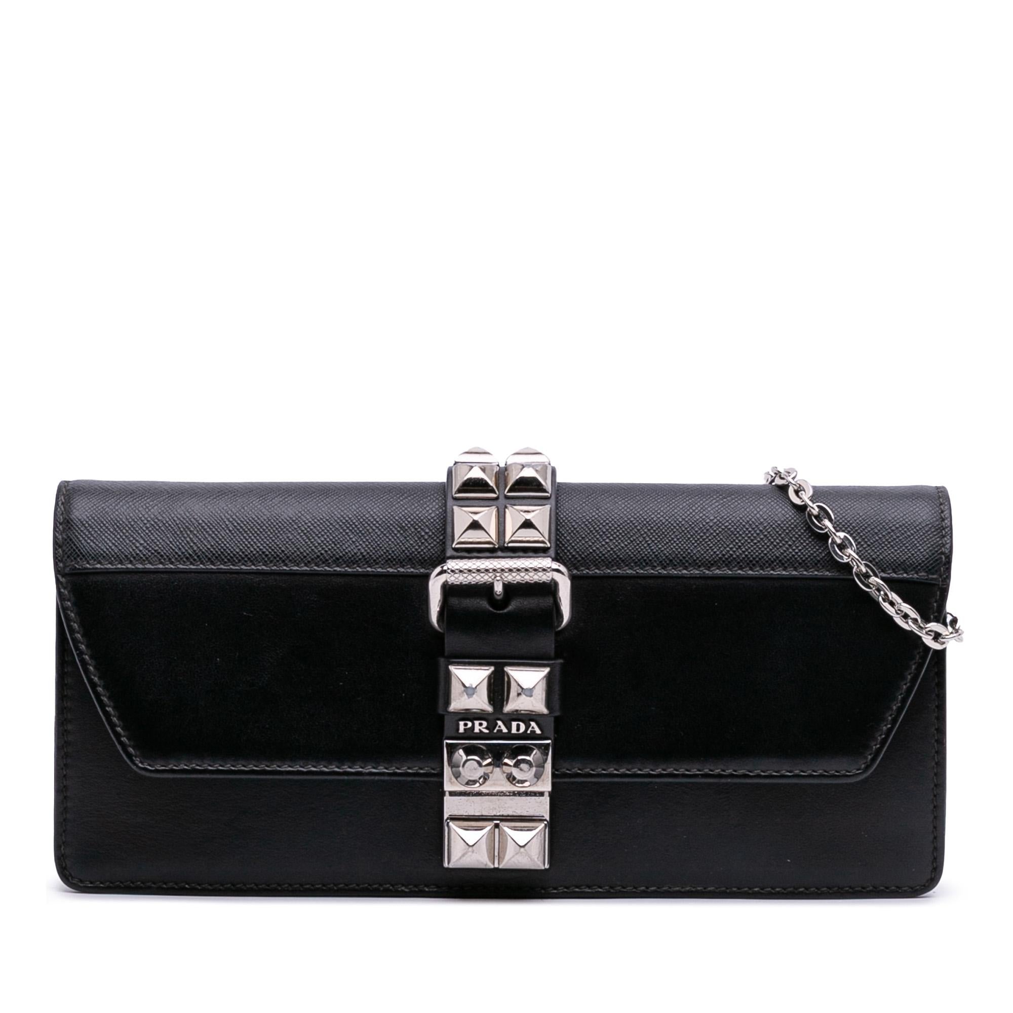 Prada City Calfskin and Saffiano Studded Elektra Clutch with Chain