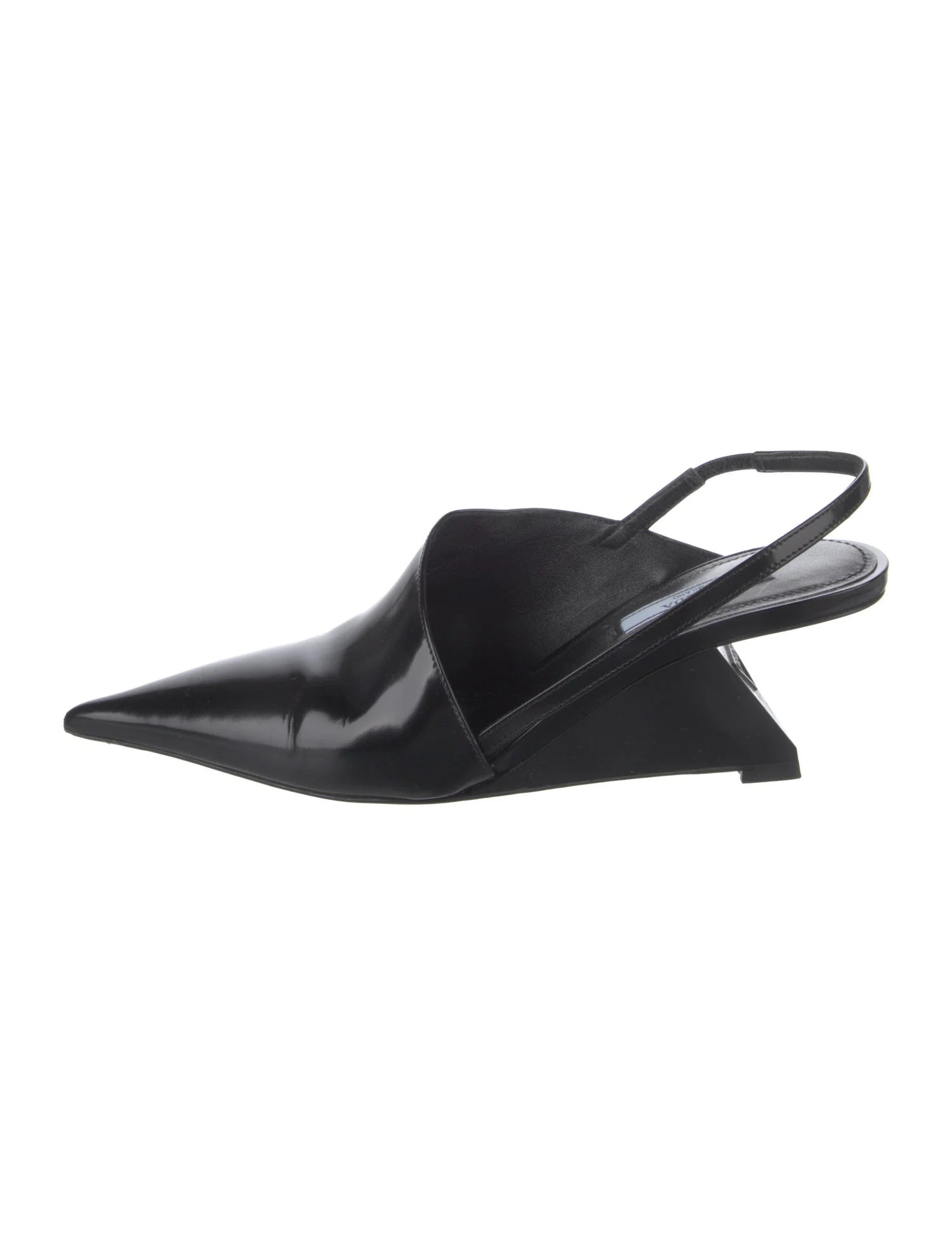 PRADA LEATHER SLINGBACK GEOMETRIC WEDGE HEEL PUMPS